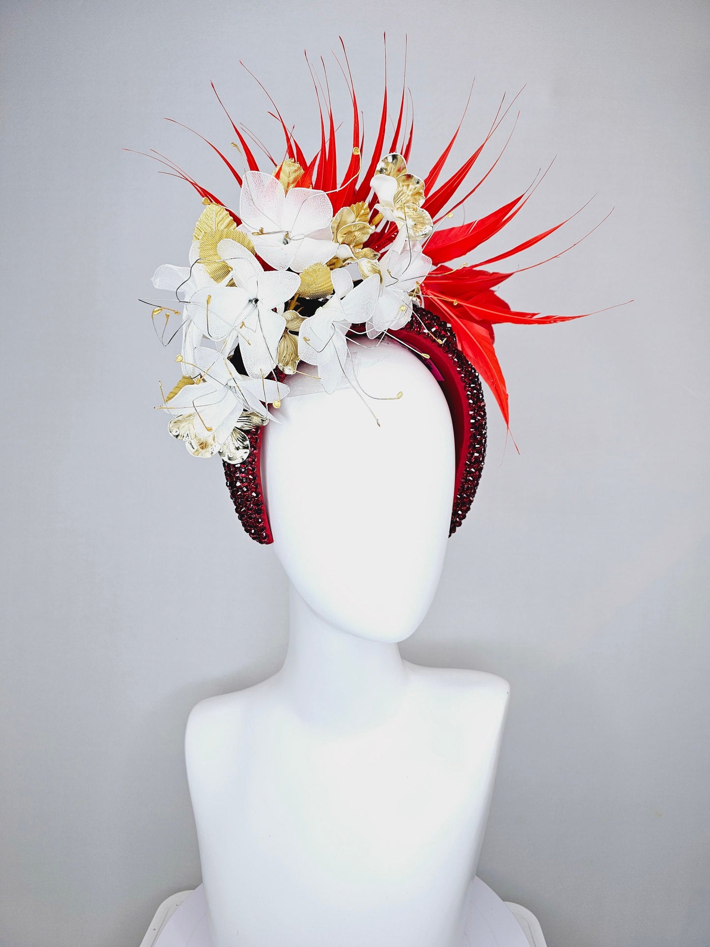 kentucky derby hat fascinator white wire mesh flowers,with bright red feathers and gold leaves on wine red swarovski crystal headband