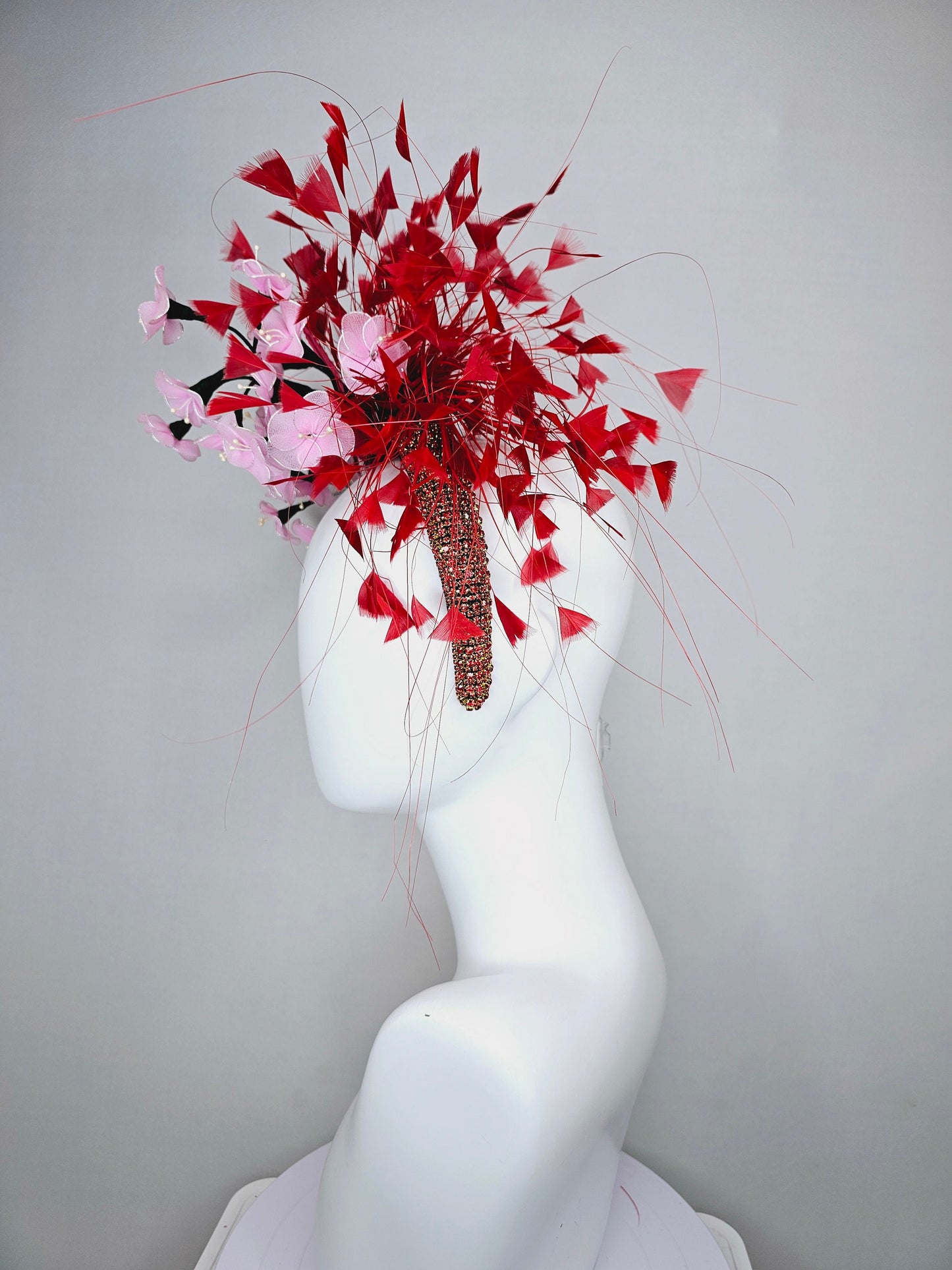 kentucky derby hat fascinator red rhinestone crystal headband,light pink wire mesh flowers,pink velvet leaves,and red branching feathers