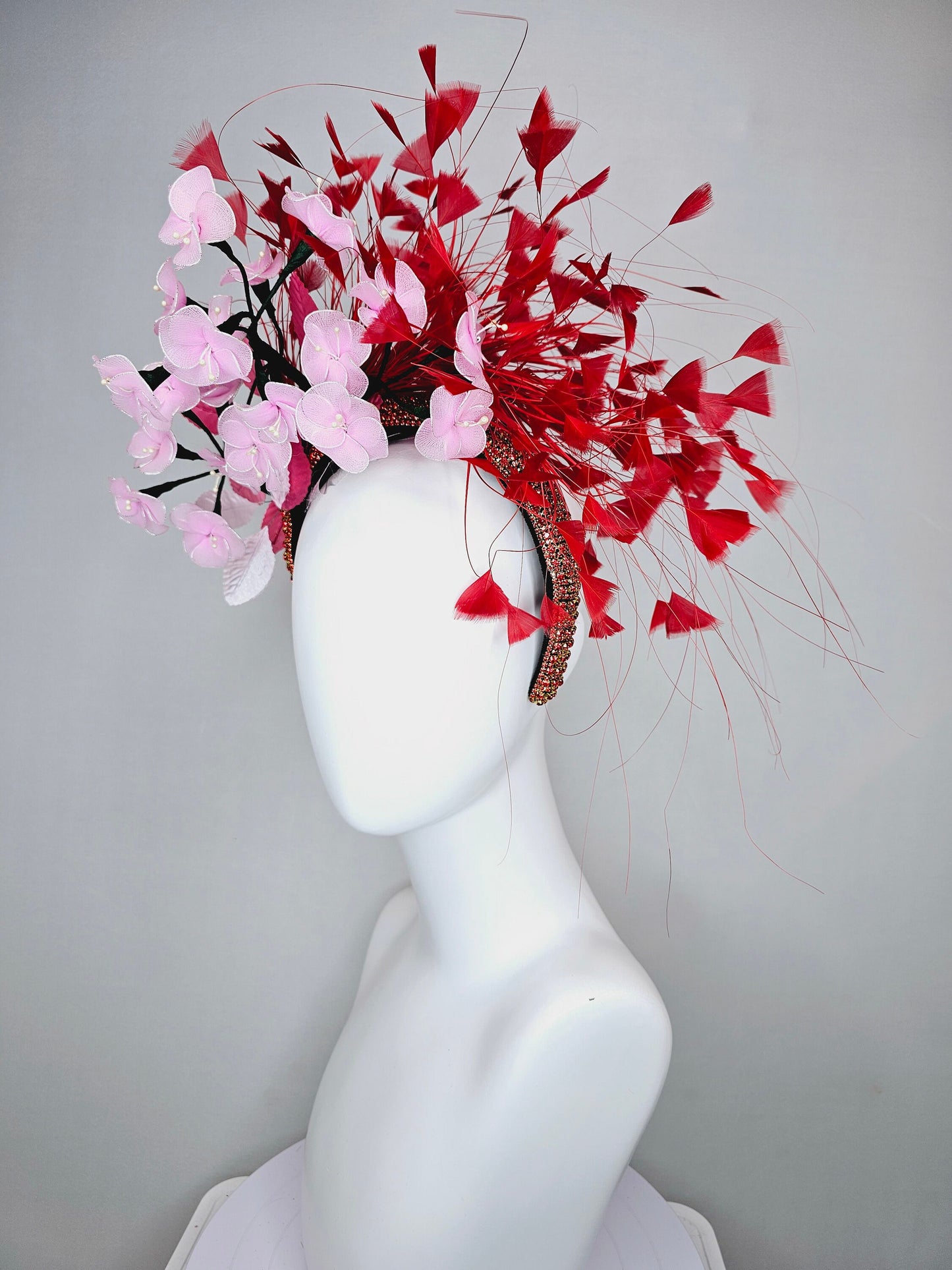 kentucky derby hat fascinator red rhinestone crystal headband,light pink wire mesh flowers,pink velvet leaves,and red branching feathers