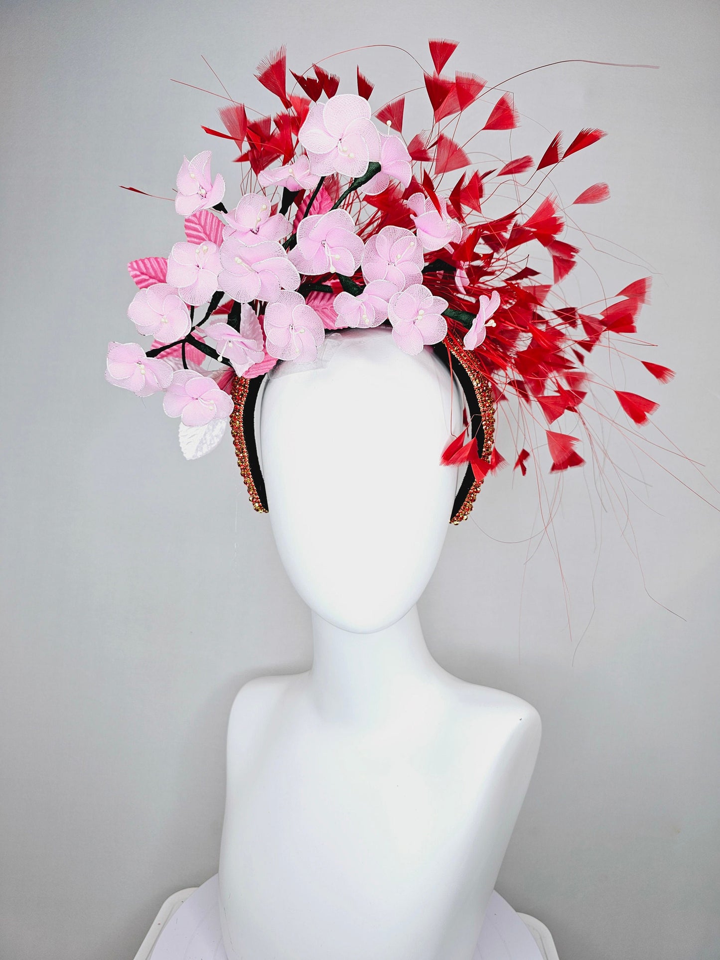 kentucky derby hat fascinator red rhinestone crystal headband,light pink wire mesh flowers,pink velvet leaves,and red branching feathers