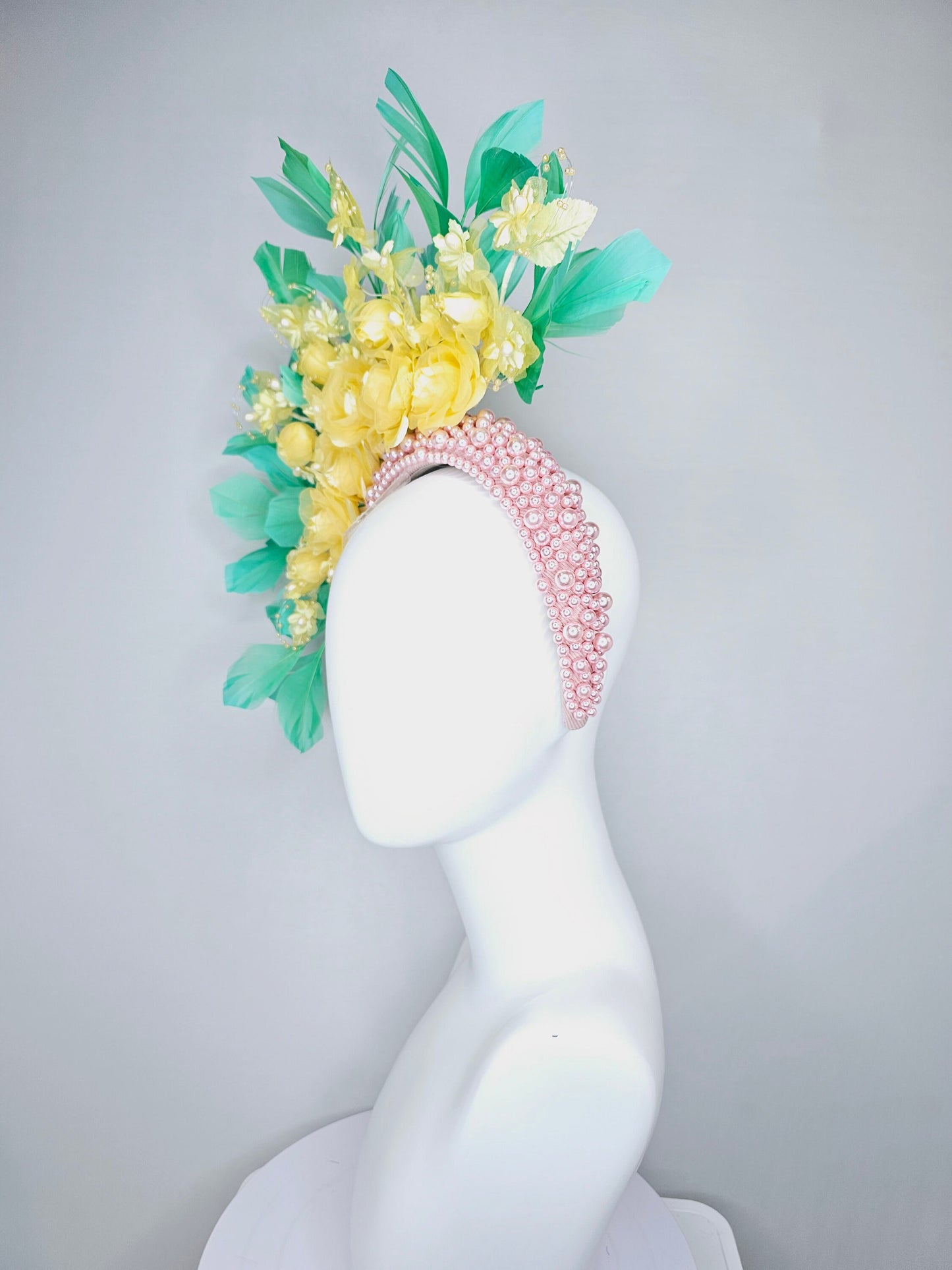 kentucky derby hat fascinator light baby pink pearl beaded headband,yellow organza satin flowers and yellow pearl strings with green feather