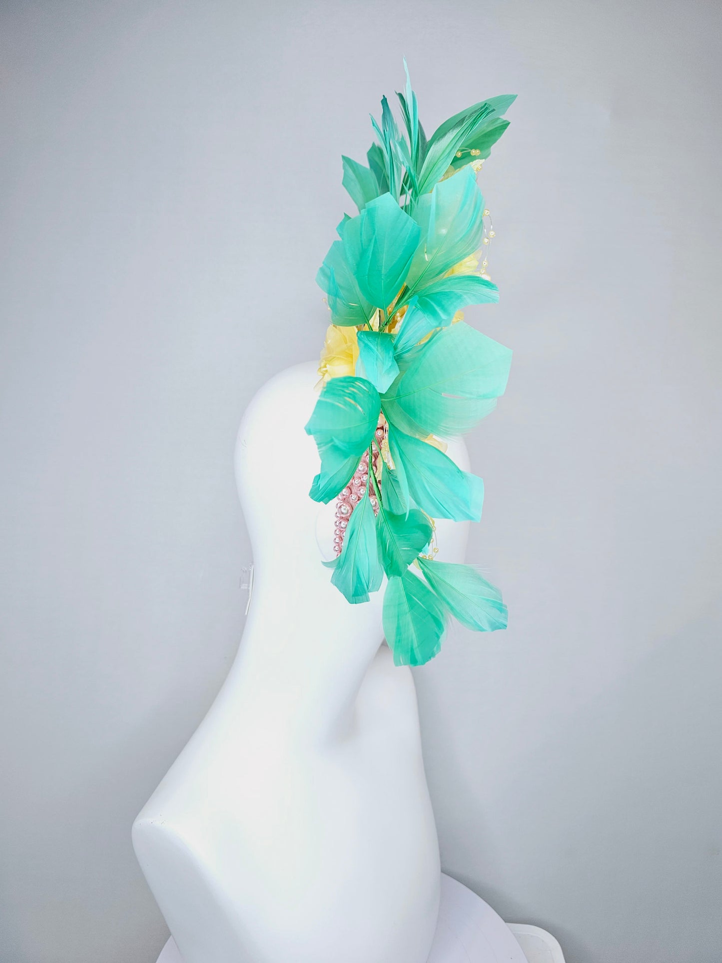 kentucky derby hat fascinator light baby pink pearl beaded headband,yellow organza satin flowers and yellow pearl strings with green feather