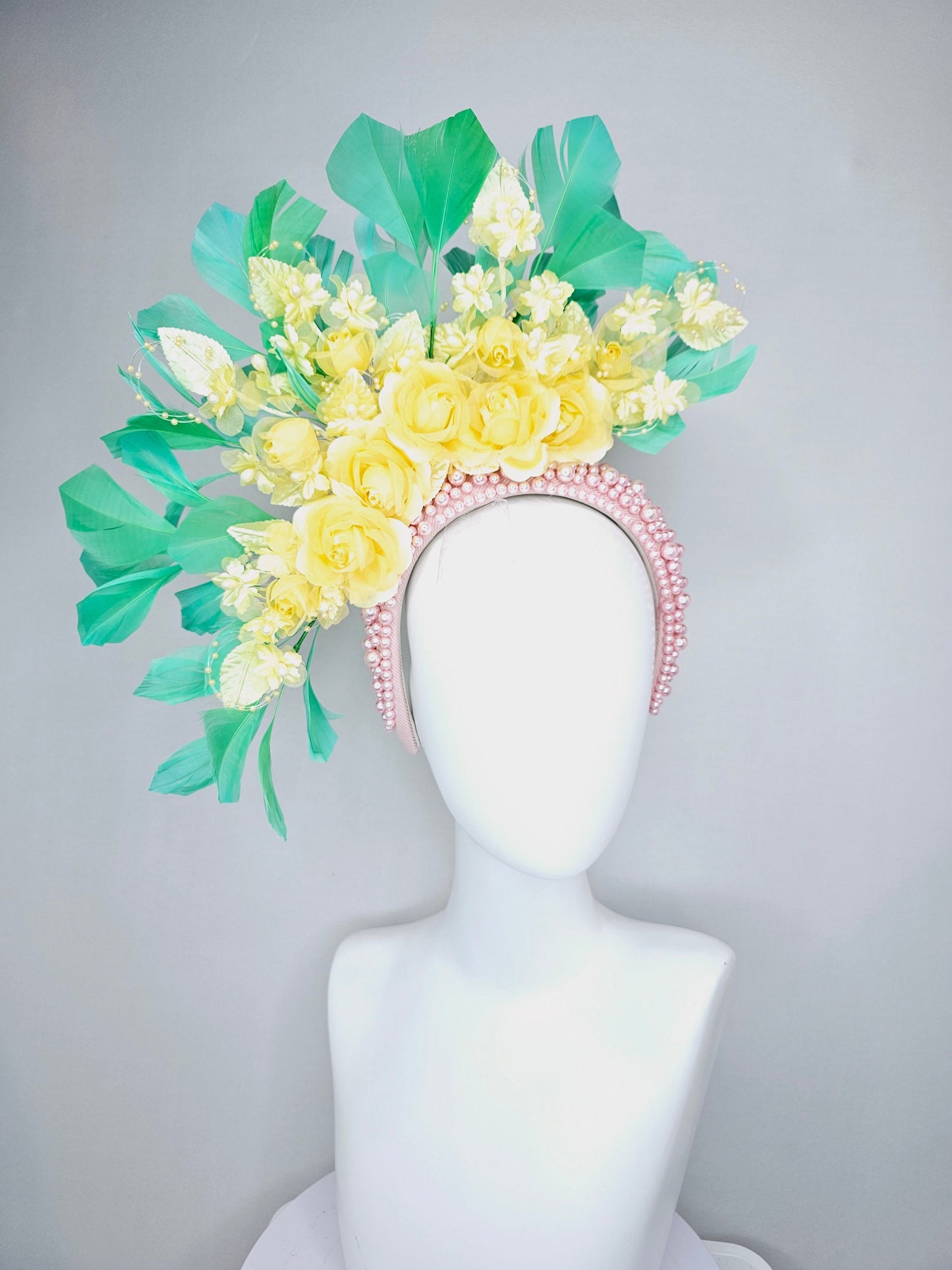 kentucky derby hat fascinator light baby pink pearl beaded headband,yellow organza satin flowers and yellow pearl strings with green feather