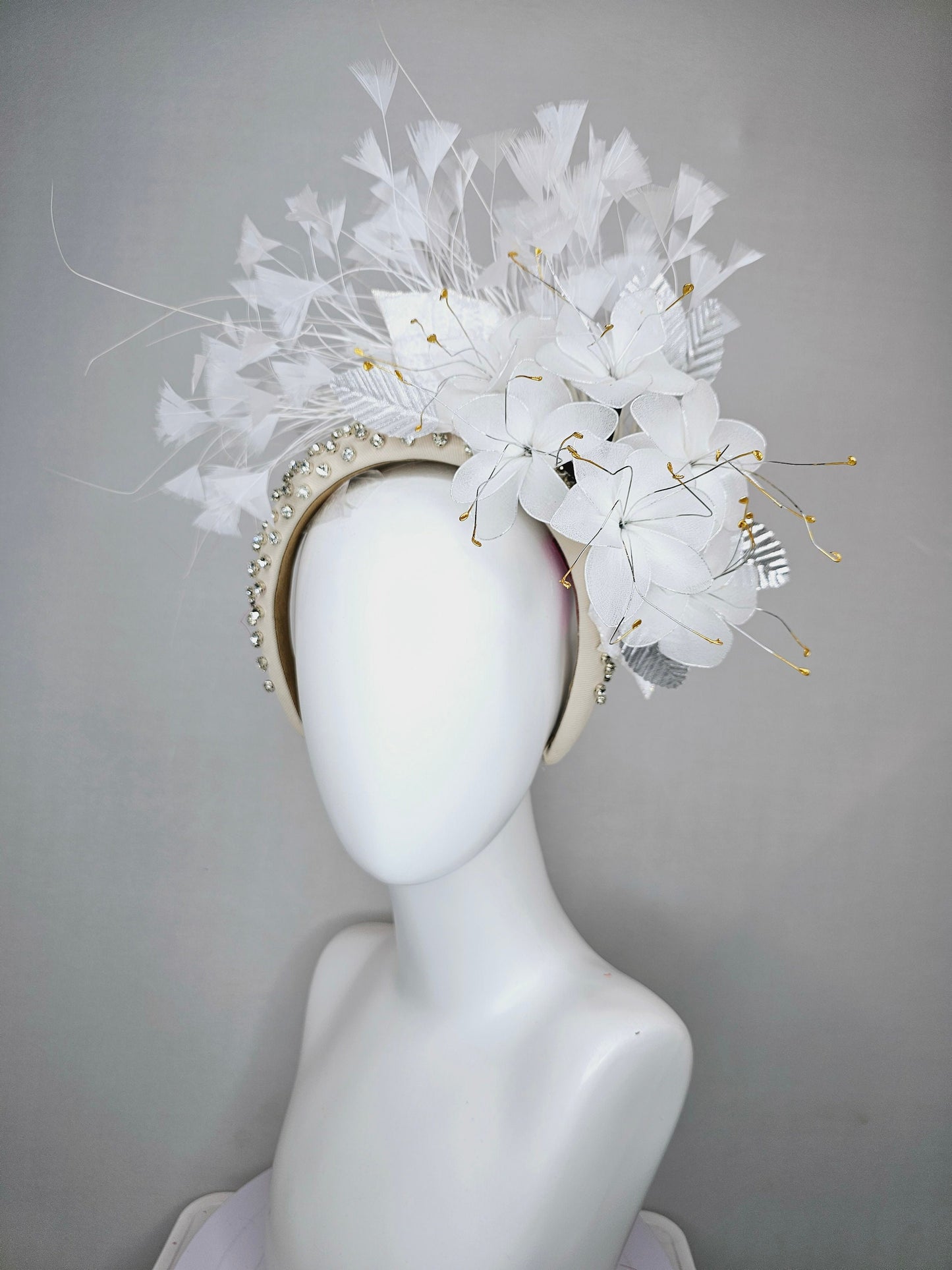 kentucky derby hat fascinator ivory cream crystal rhinestone beaded headband with white wire mesh flowers,white leaves and white feathers