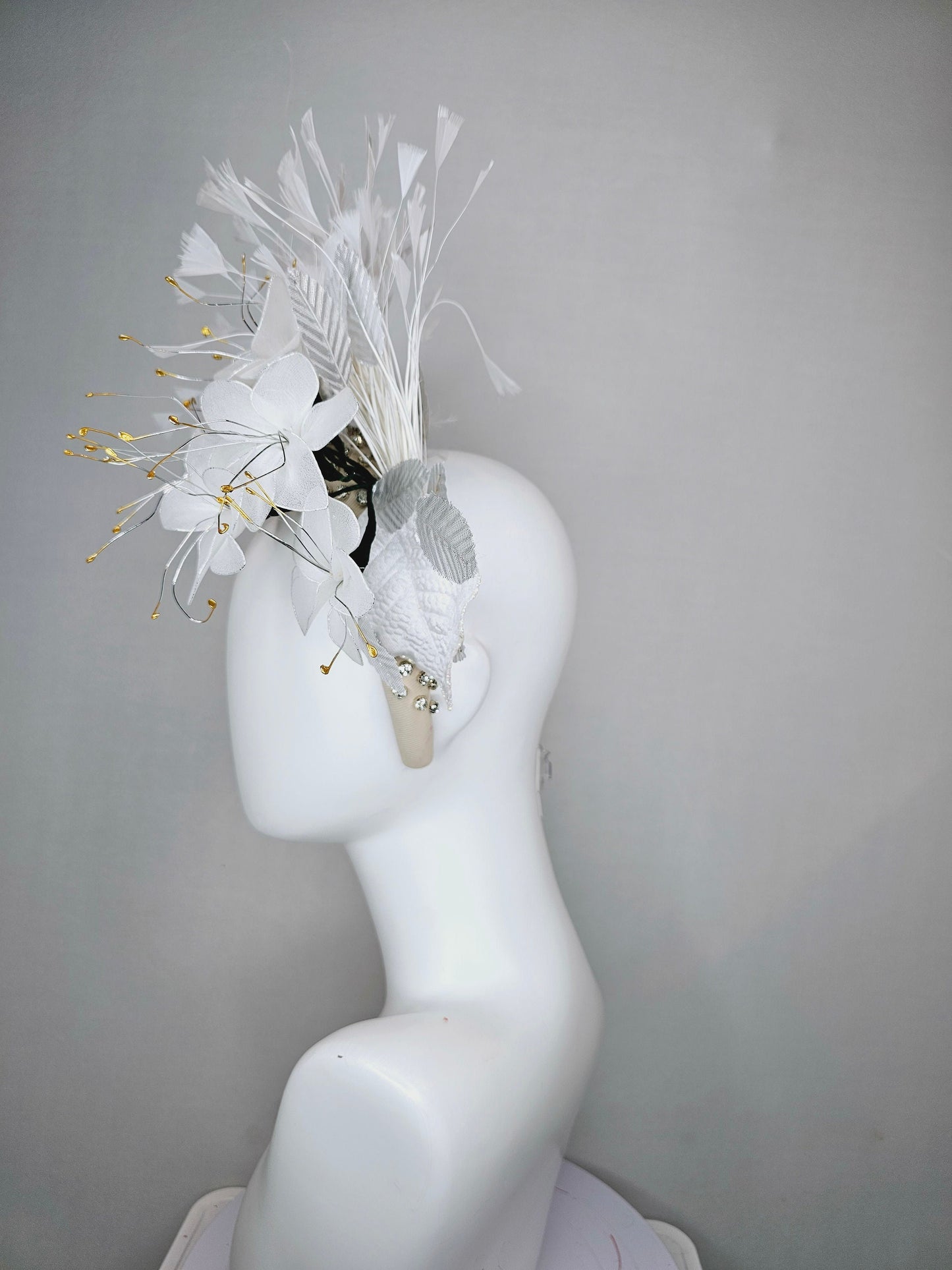 kentucky derby hat fascinator ivory cream crystal rhinestone beaded headband with white wire mesh flowers,white leaves and white feathers