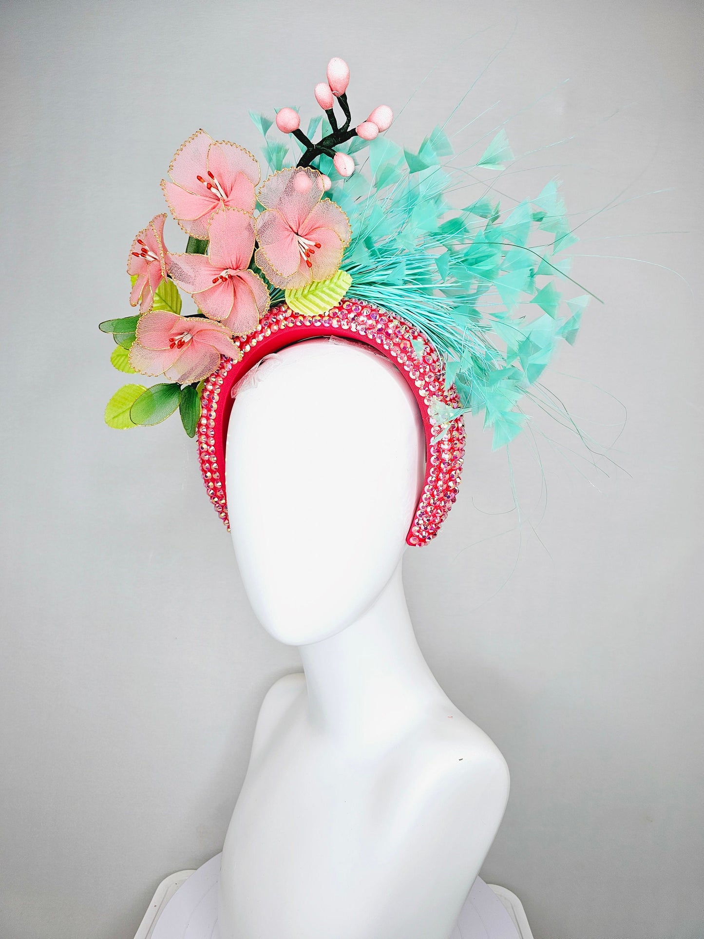 kentucky derby hat fascinator turquoise blue feathers on iridescent crystal coral headband with peach pink wire mesh flowers,green leaves