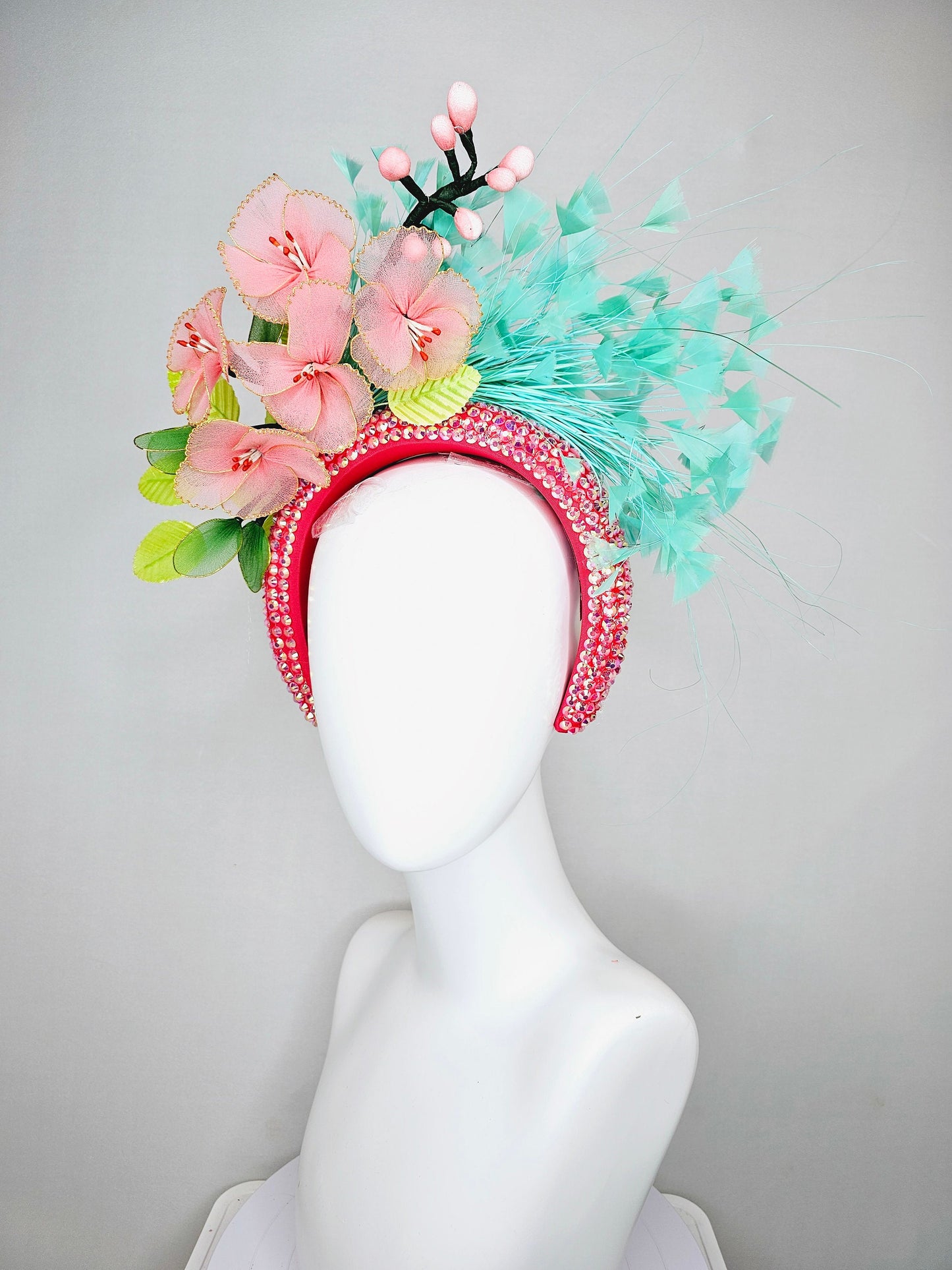 kentucky derby hat fascinator turquoise blue feathers on iridescent crystal coral headband with peach pink wire mesh flowers,green leaves