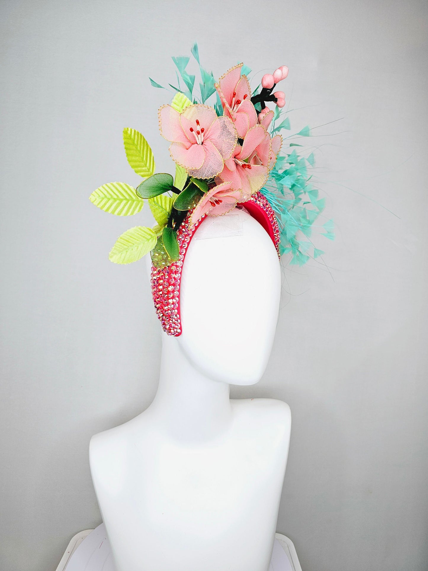 kentucky derby hat fascinator turquoise blue feathers on iridescent crystal coral headband with peach pink wire mesh flowers,green leaves