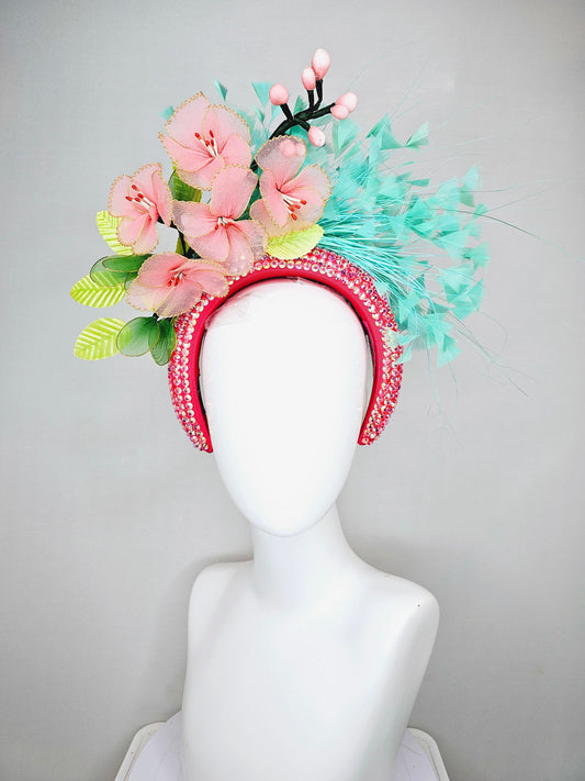 kentucky derby hat fascinator turquoise blue feathers on iridescent crystal coral headband with peach pink wire mesh flowers,green leaves