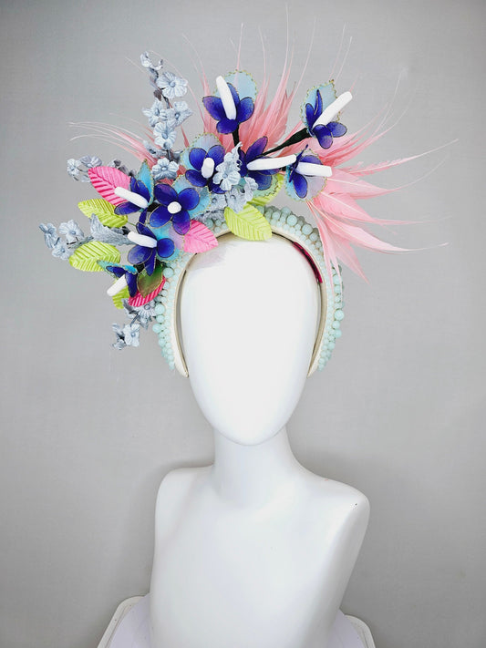 kentucky derby hat fascinator light blue pearl beaded headband with blue wire mesh flowers,green pink velvet leaves,and baby pink feathers