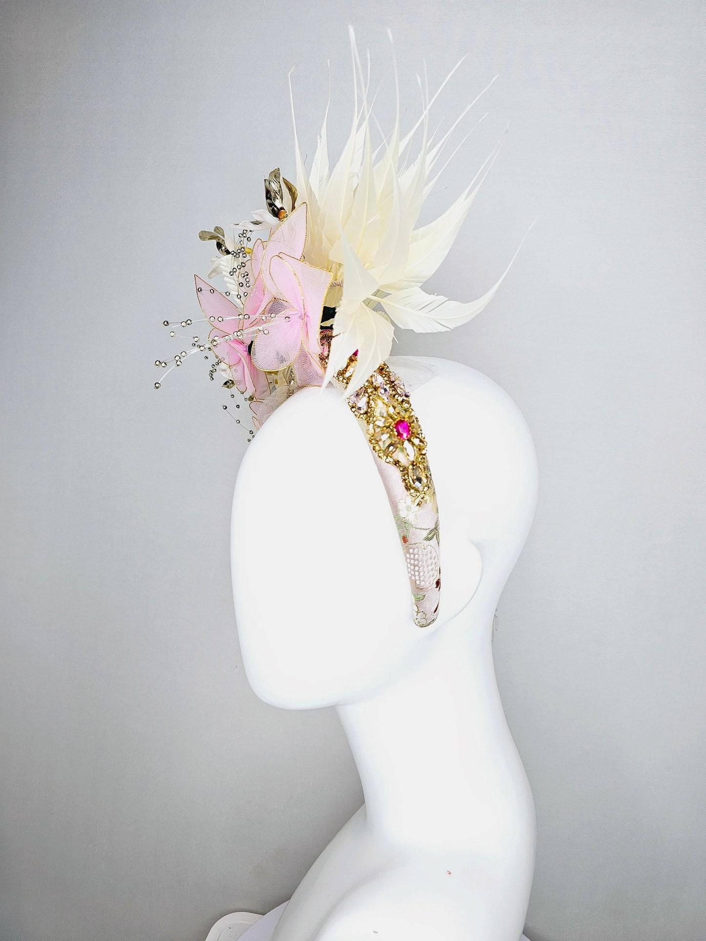 kentucky derby hat fascinator light pink and gold flowers with ivory cream feathers on champagne crystal gold rhinestone beaded headband