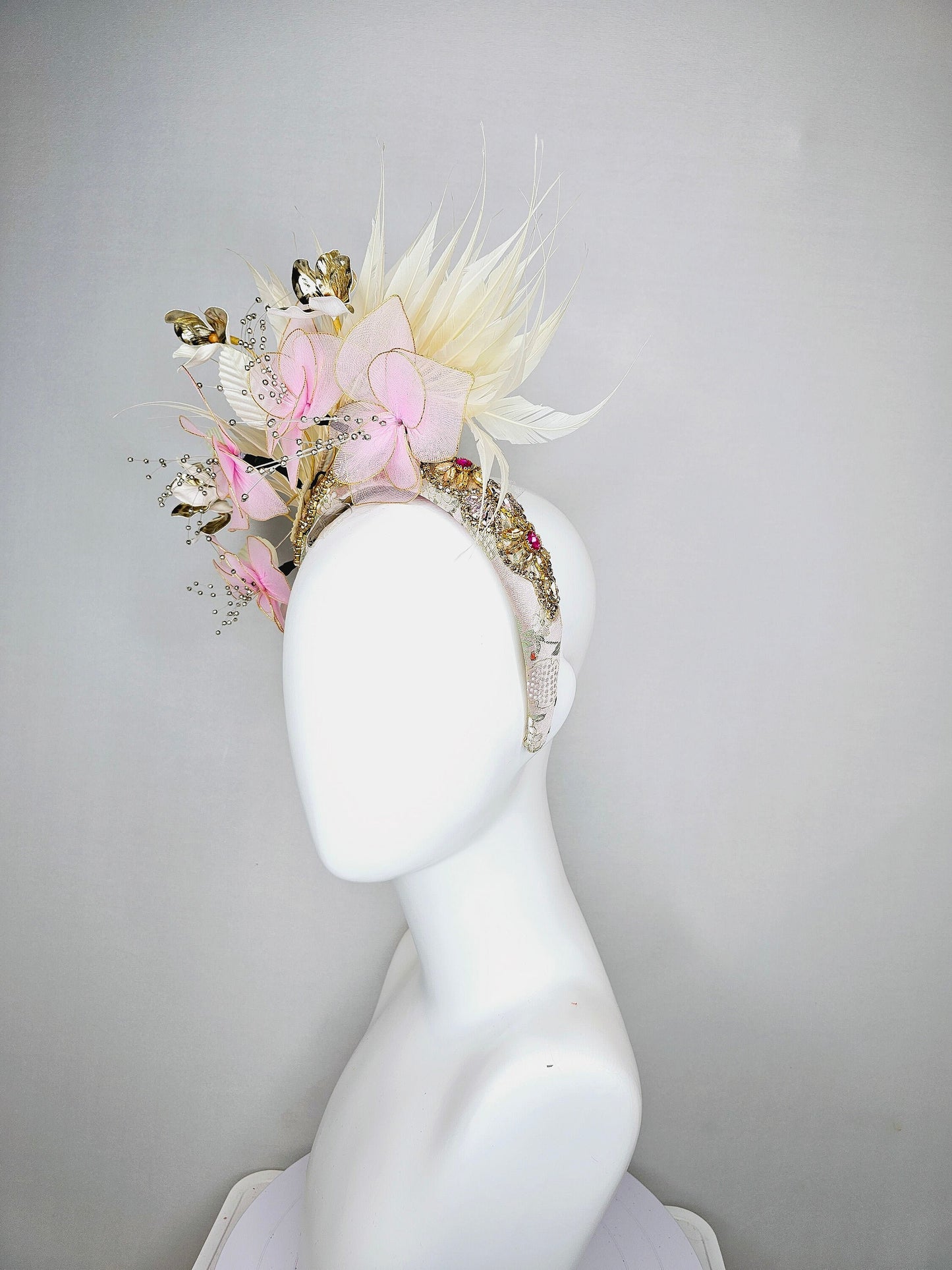 kentucky derby hat fascinator light pink and gold flowers with ivory cream feathers on champagne crystal gold rhinestone beaded headband