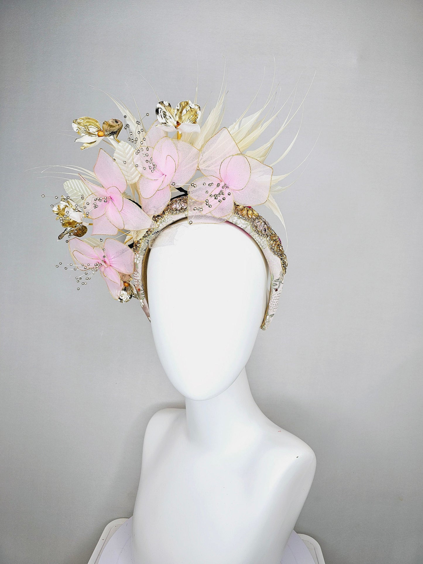 kentucky derby hat fascinator light pink and gold flowers with ivory cream feathers on champagne crystal gold rhinestone beaded headband