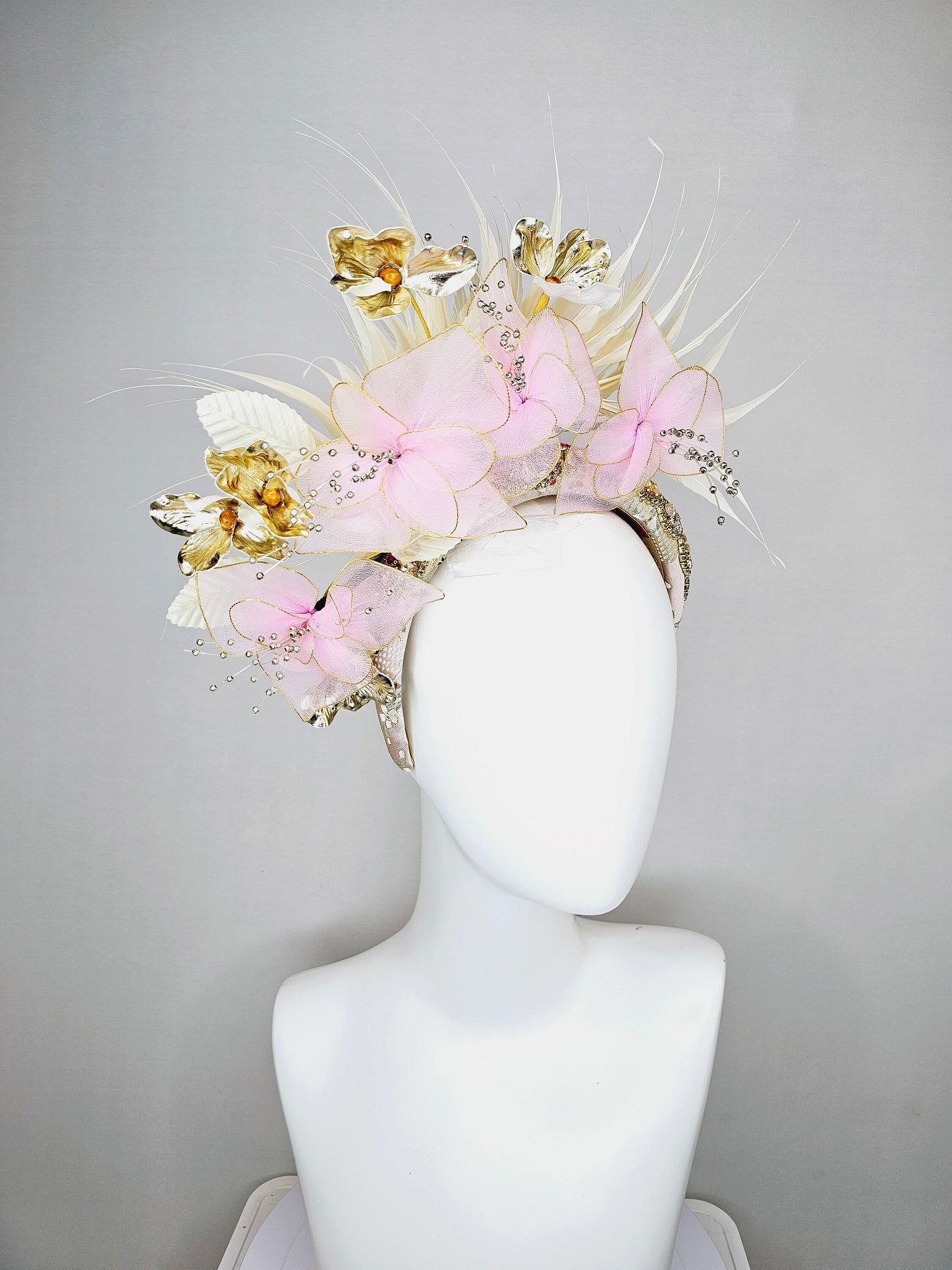 kentucky derby hat fascinator light pink and gold flowers with ivory cream feathers on champagne crystal gold rhinestone beaded headband