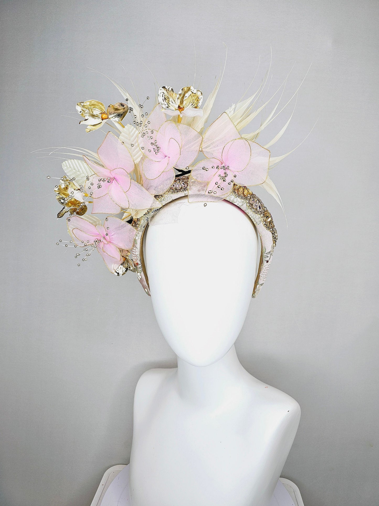 kentucky derby hat fascinator light pink and gold flowers with ivory cream feathers on champagne crystal gold rhinestone beaded headband