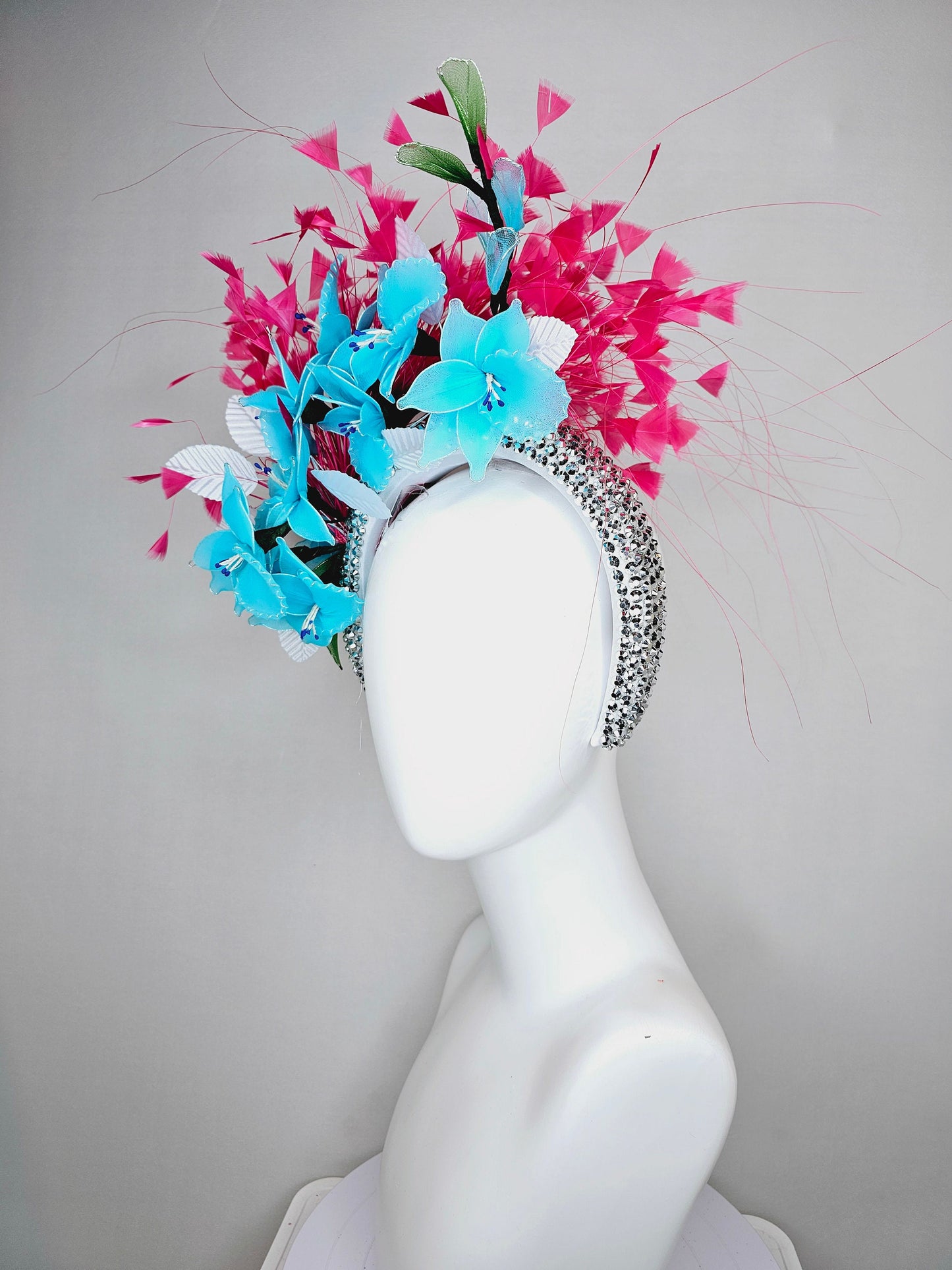 kentucky derby hat fascinator silver swarovski crystal headband with hot pink feathers and turquoise aqua blue wired flowers,white leaves