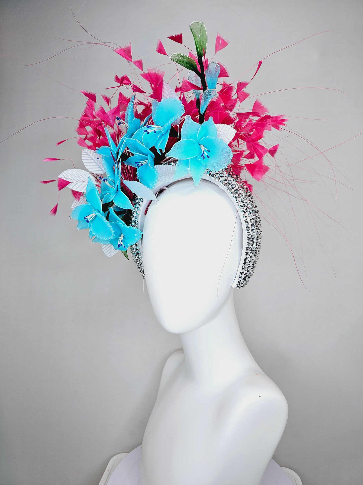 kentucky derby hat fascinator silver swarovski crystal headband with hot pink feathers and turquoise aqua blue wired flowers,white leaves