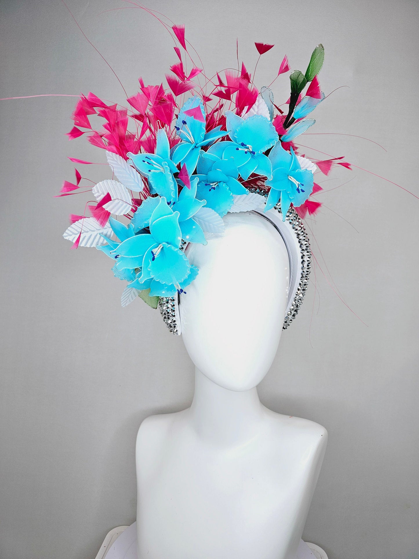 kentucky derby hat fascinator silver swarovski crystal headband with hot pink feathers and turquoise aqua blue wired flowers,white leaves