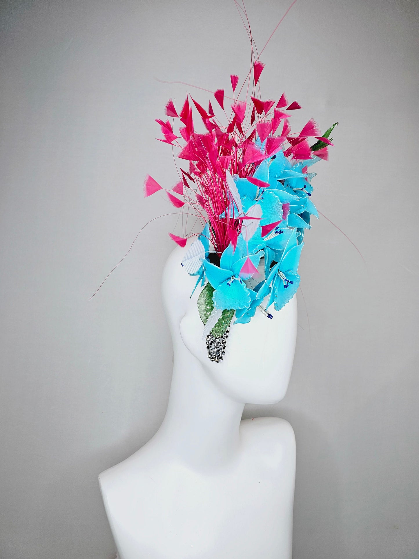 kentucky derby hat fascinator silver swarovski crystal headband with hot pink feathers and turquoise aqua blue wired flowers,white leaves