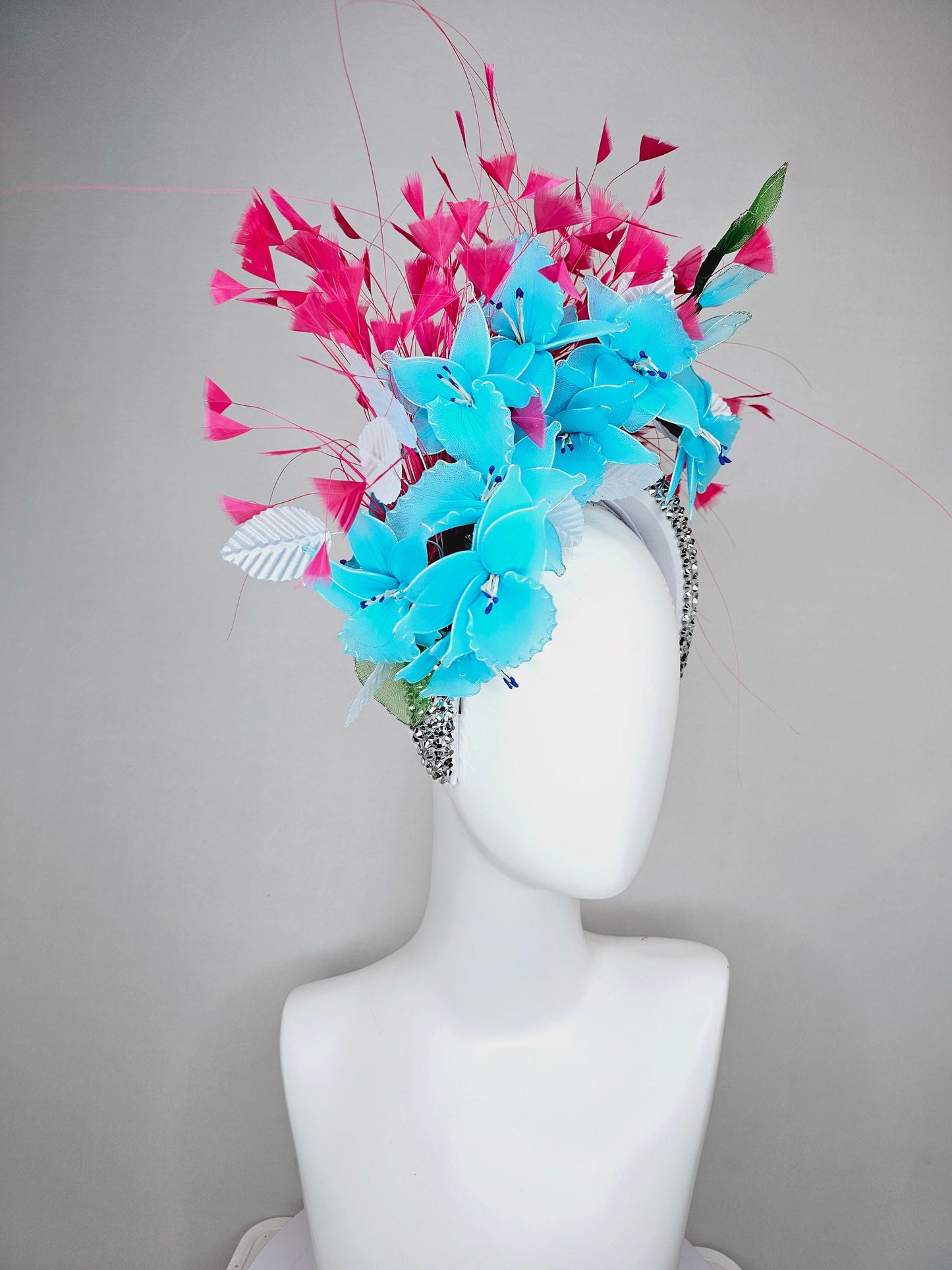 kentucky derby hat fascinator silver swarovski crystal headband with hot pink feathers and turquoise aqua blue wired flowers,white leaves