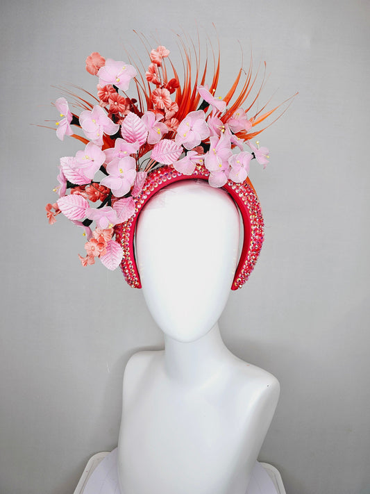 kentucky derby hat fascinator orange feathers on iridescent crystal coral headband with light pink wire mesh flowers,baby pink leaves