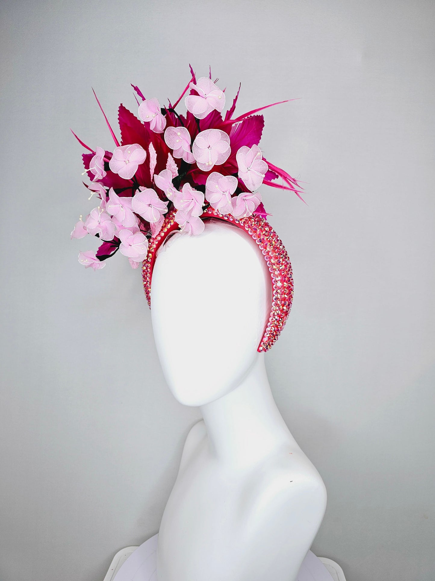 kentucky derby hat fascinator hot pink and red feathers on iridescent crystal coral headband with light pink wire mesh flowers,pink leaves