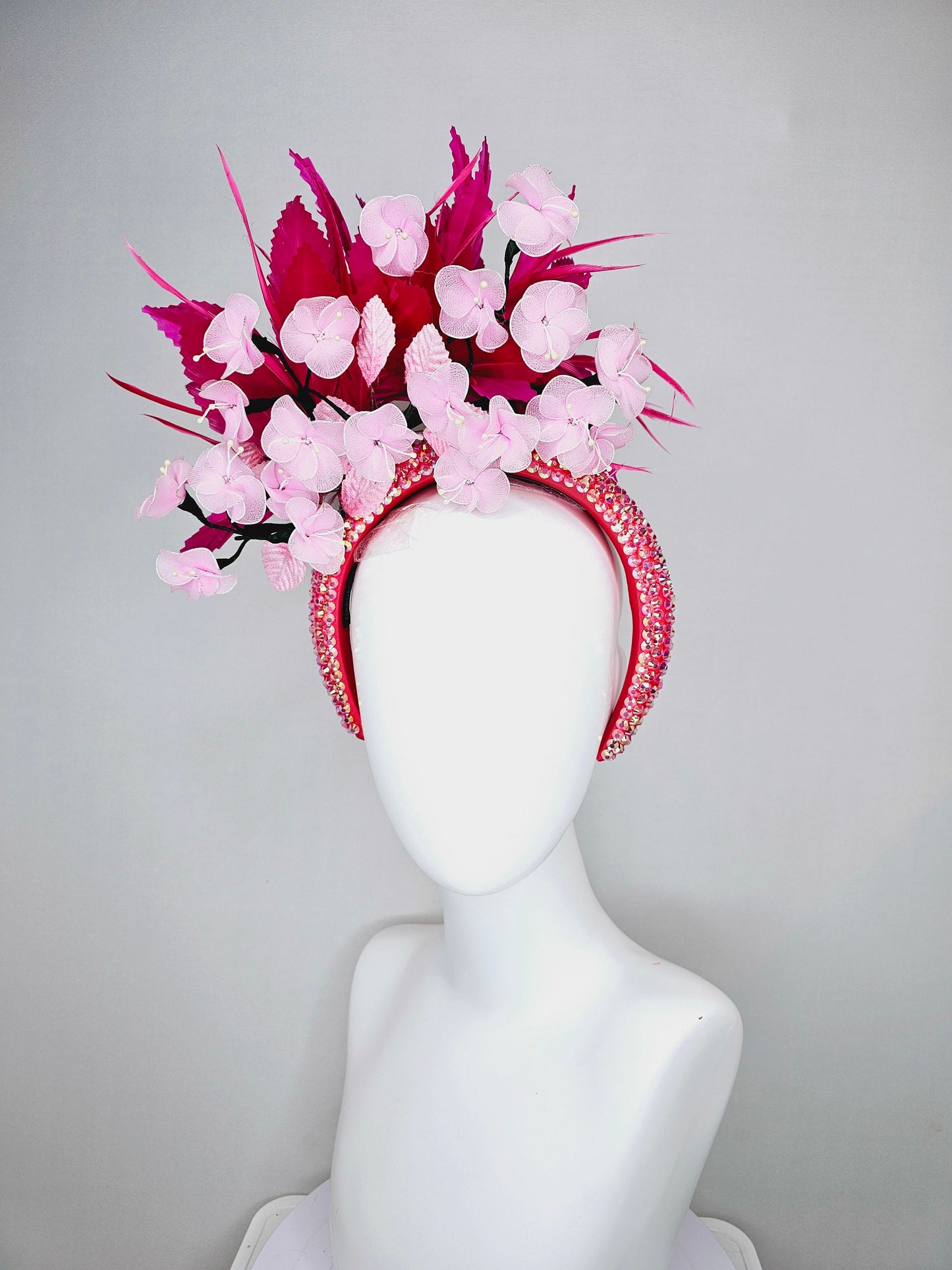 kentucky derby hat fascinator hot pink and red feathers on iridescent crystal coral headband with light pink wire mesh flowers,pink leaves