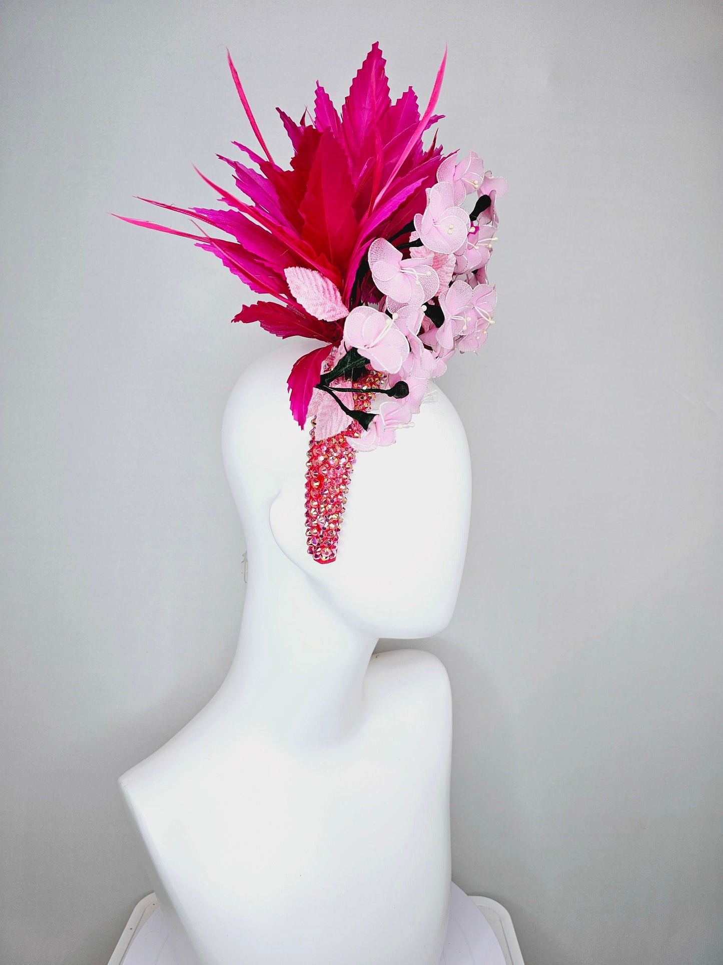 kentucky derby hat fascinator hot pink and red feathers on iridescent crystal coral headband with light pink wire mesh flowers,pink leaves