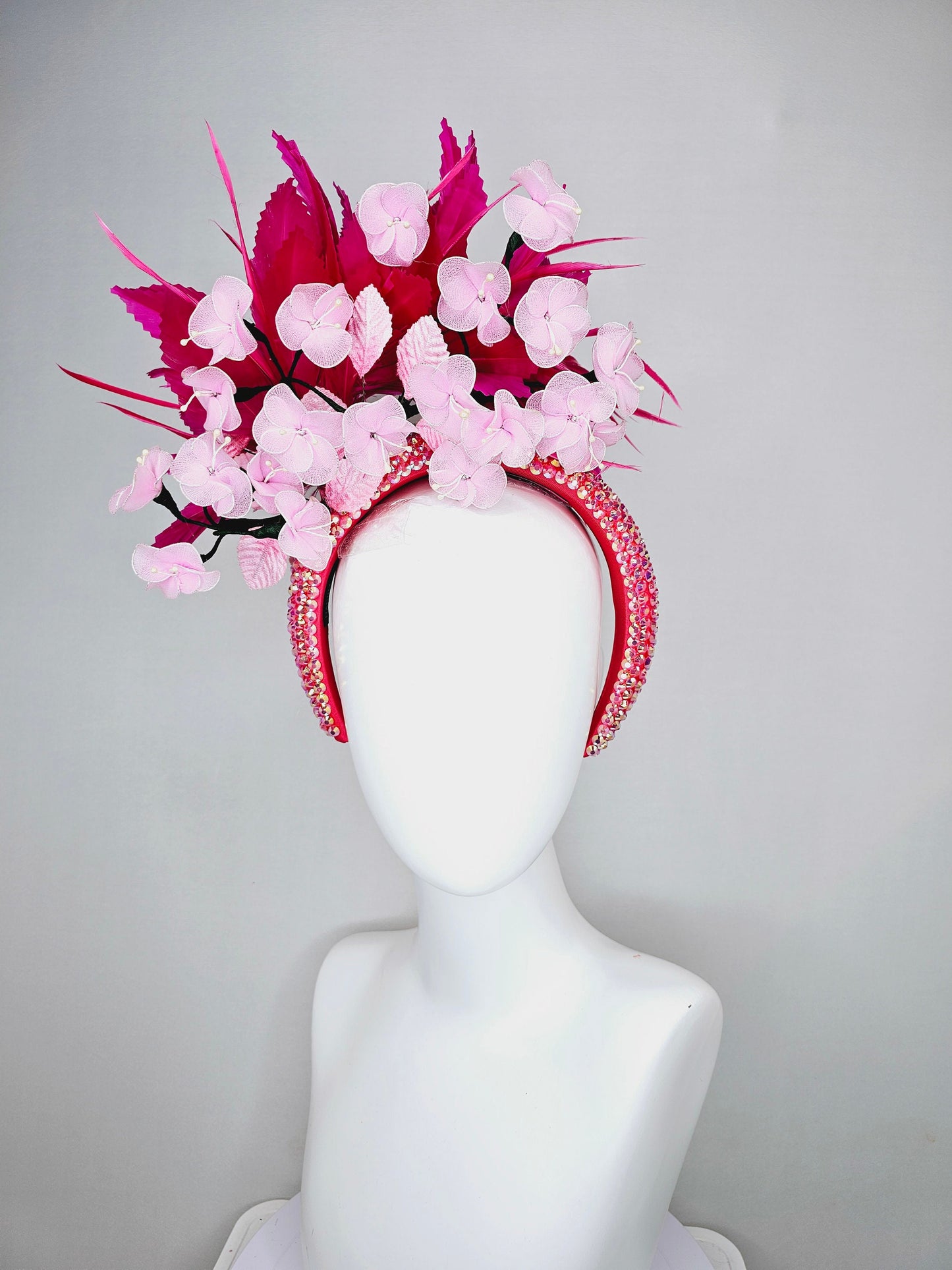 kentucky derby hat fascinator hot pink and red feathers on iridescent crystal coral headband with light pink wire mesh flowers,pink leaves