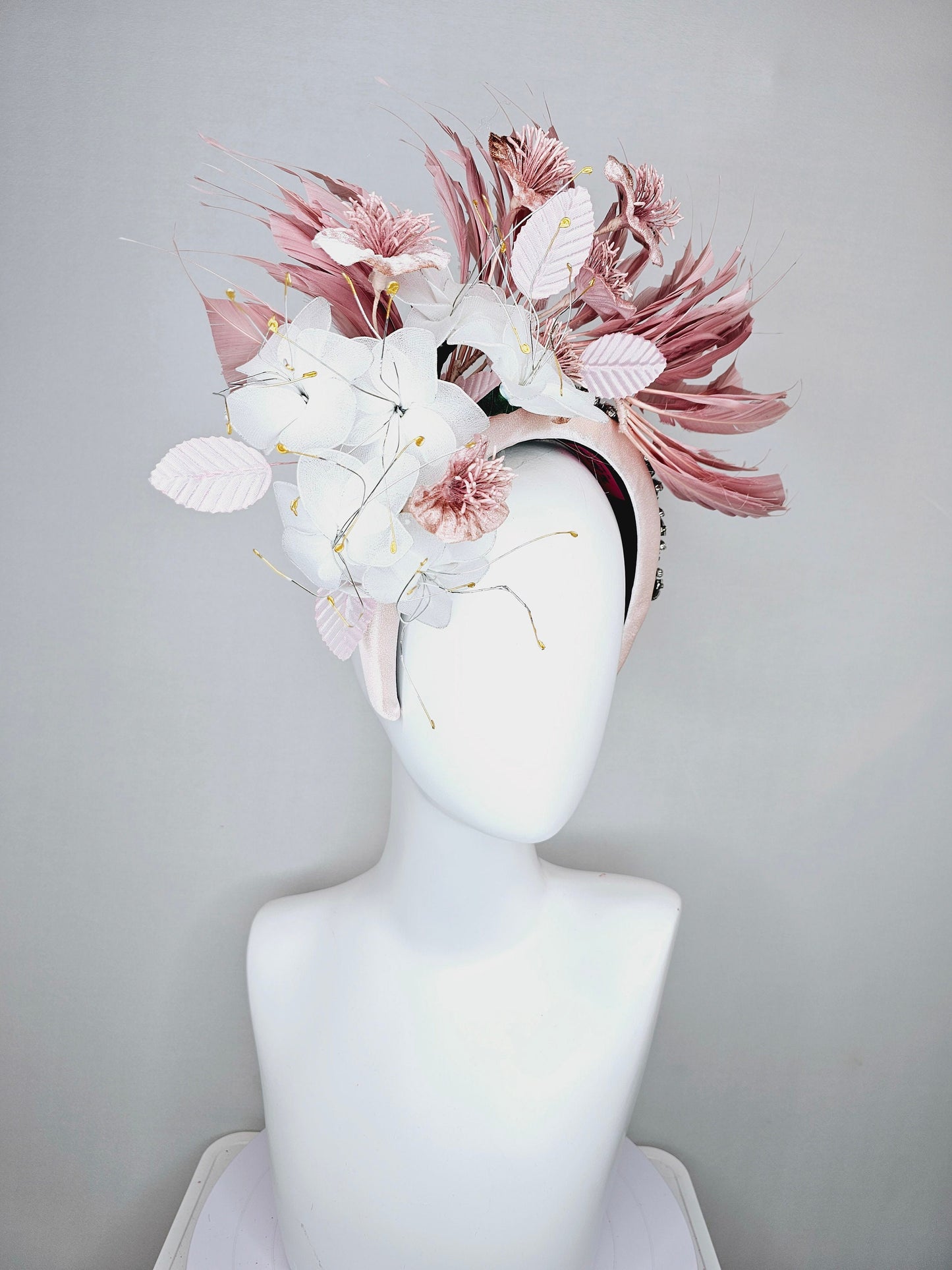 kentucky derby hat fascinator crystal rhinestone jewel beaded headband with blush pink feathers,white wire mesh flowers, light pink feathers