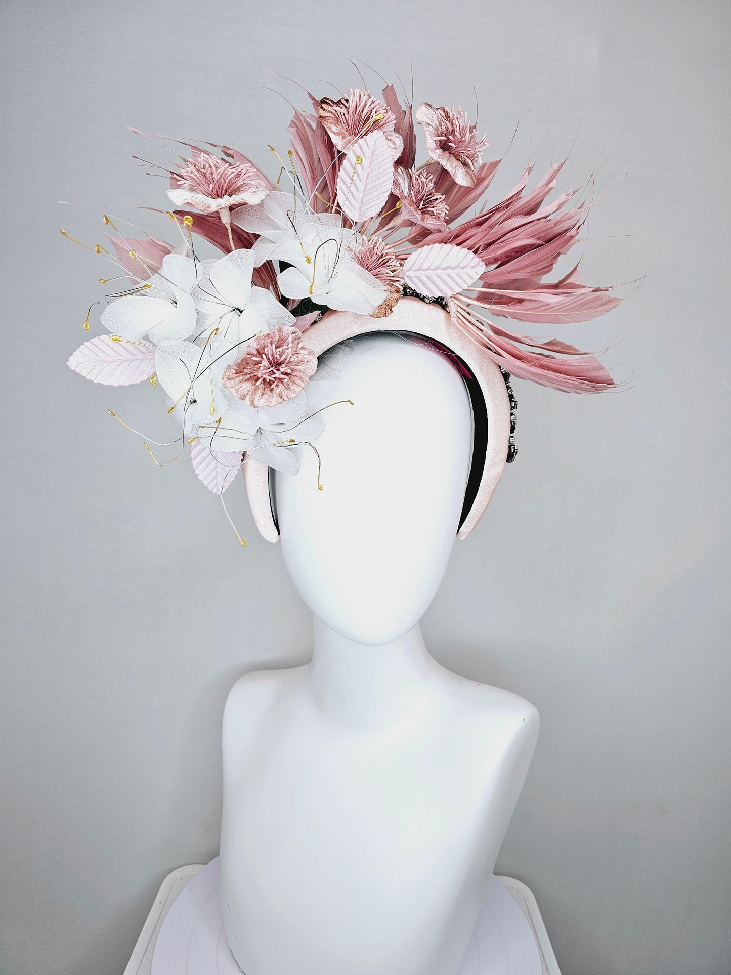 kentucky derby hat fascinator crystal rhinestone jewel beaded headband with blush pink feathers,white wire mesh flowers, light pink feathers