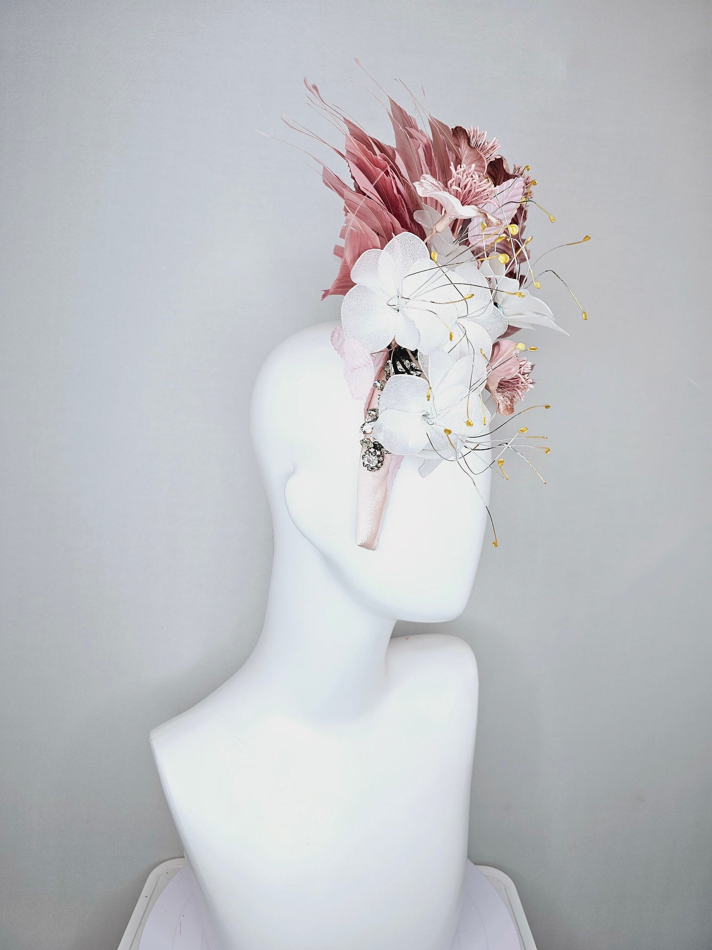 kentucky derby hat fascinator crystal rhinestone jewel beaded headband with blush pink feathers,white wire mesh flowers, light pink feathers