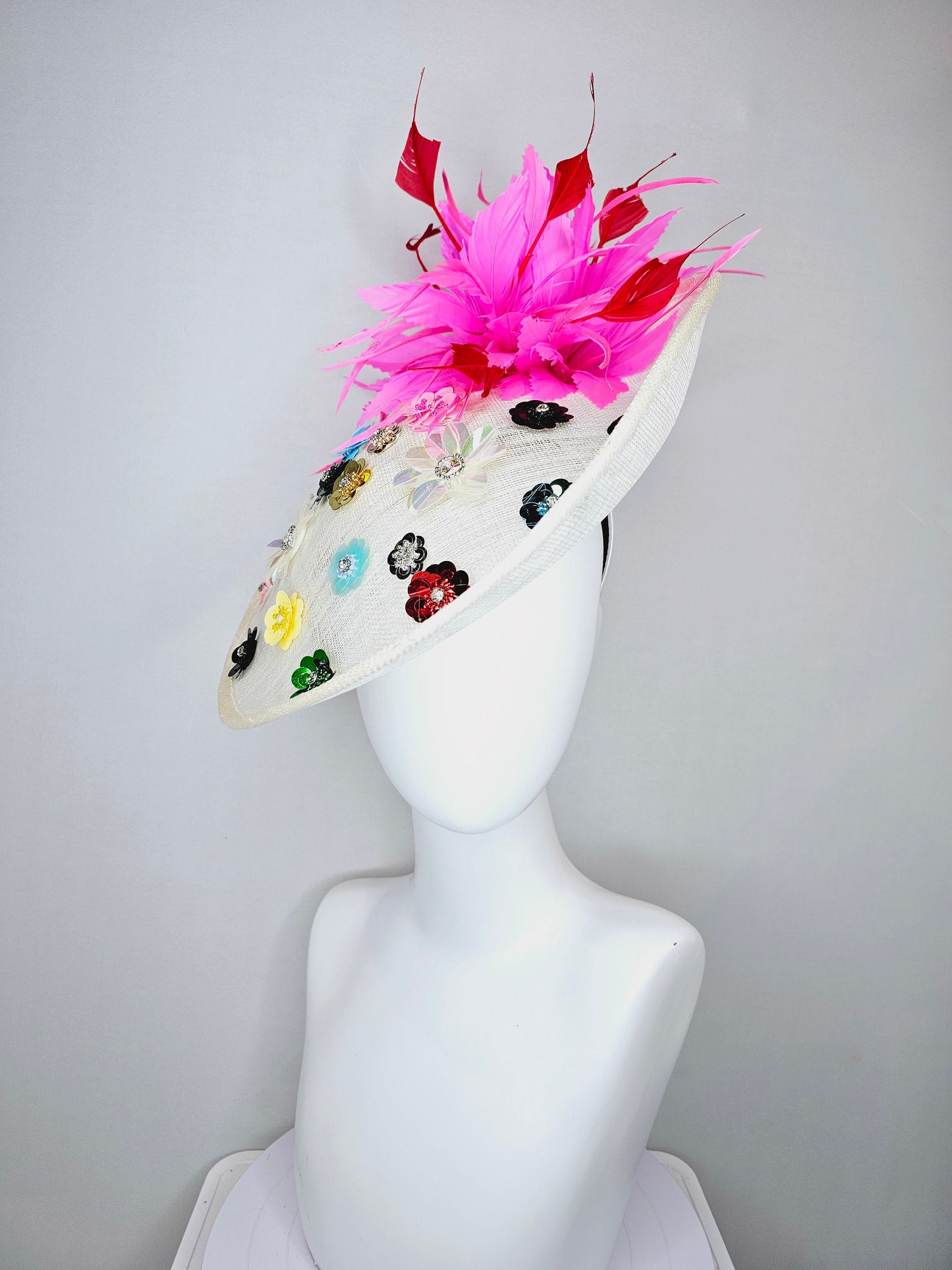 kentucky derby hat fascinator ivory sinamay saucer with rainbow colorful sequin crystal rhinestone beaded flowers,hot pink red feathers