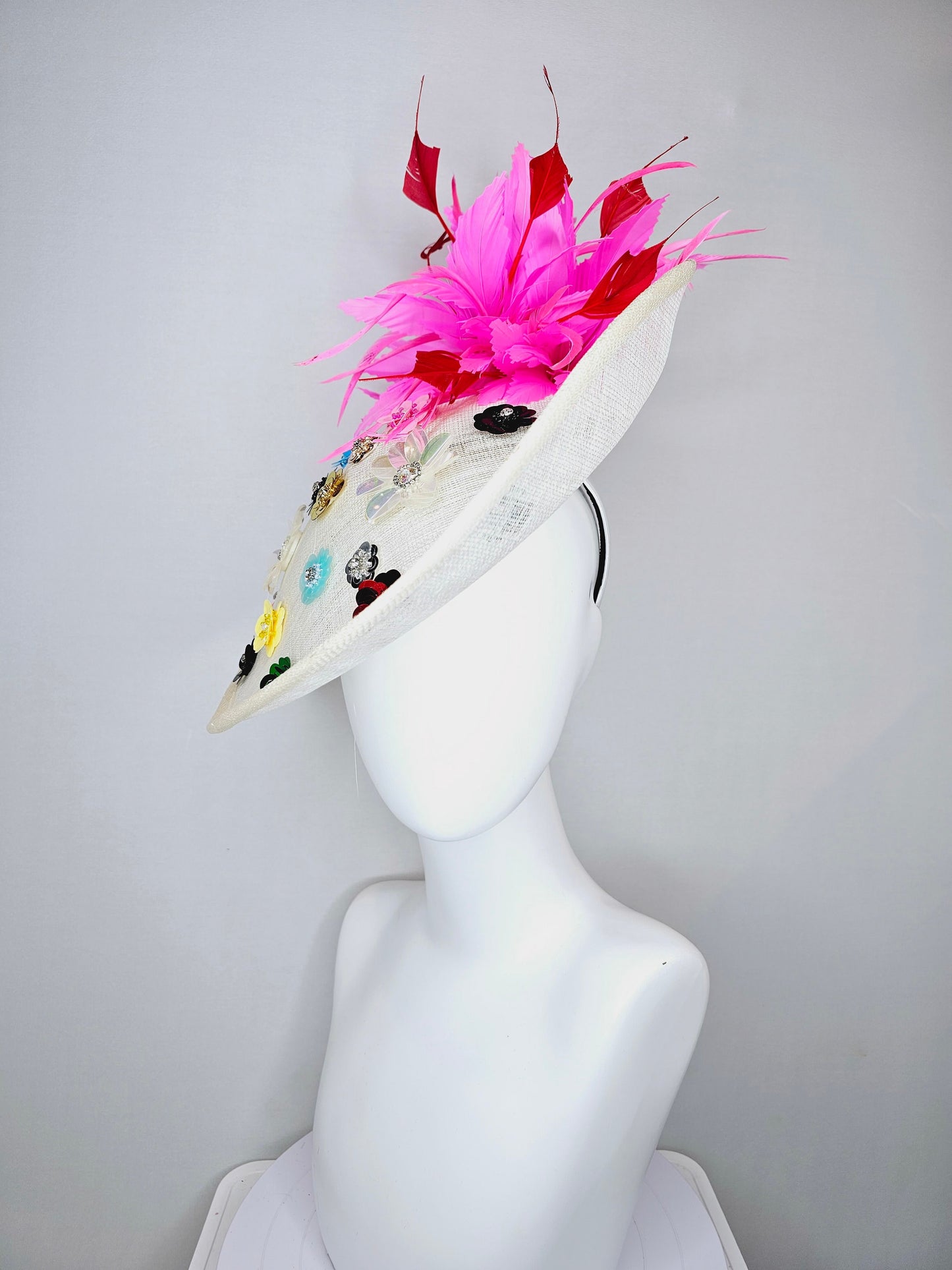 kentucky derby hat fascinator ivory sinamay saucer with rainbow colorful sequin crystal rhinestone beaded flowers,hot pink red feathers