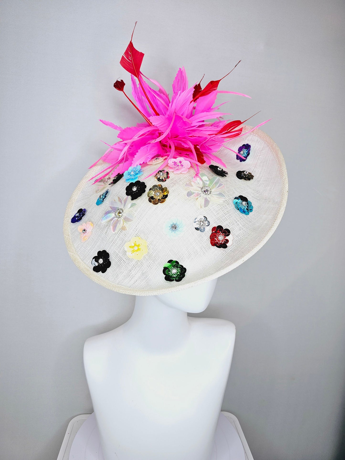 kentucky derby hat fascinator ivory sinamay saucer with rainbow colorful sequin crystal rhinestone beaded flowers,hot pink red feathers