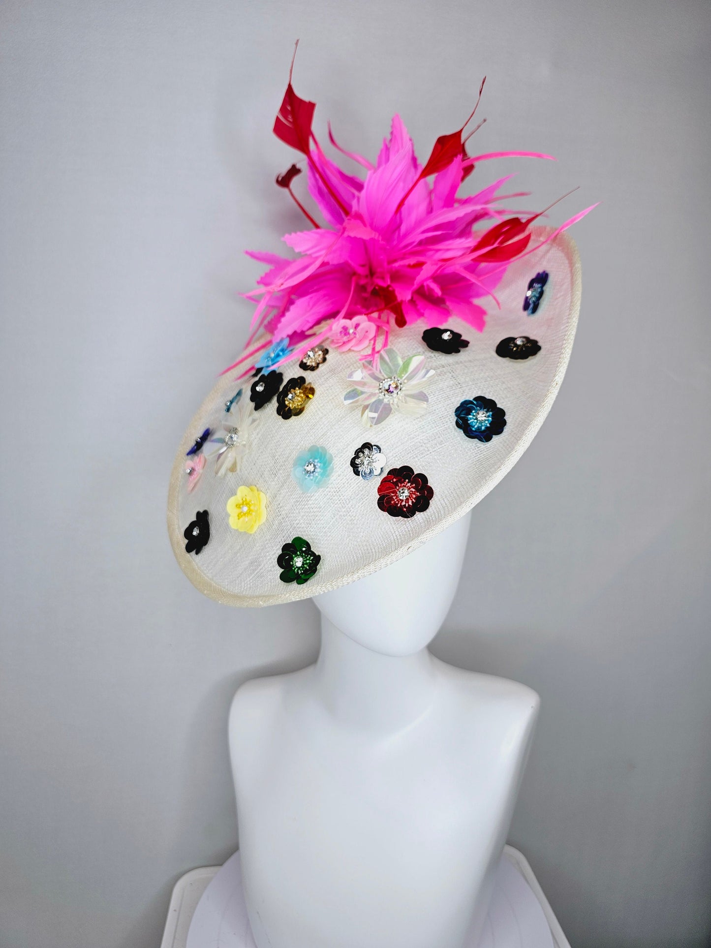 kentucky derby hat fascinator ivory sinamay saucer with rainbow colorful sequin crystal rhinestone beaded flowers,hot pink red feathers