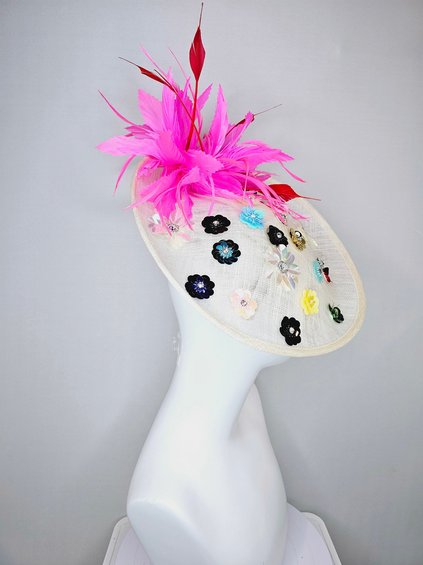 kentucky derby hat fascinator ivory sinamay saucer with rainbow colorful sequin crystal rhinestone beaded flowers,hot pink red feathers