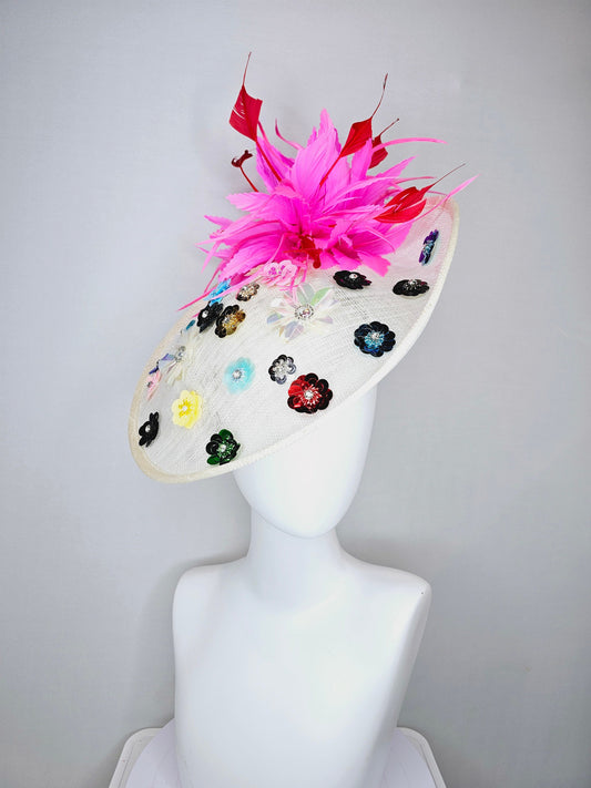 kentucky derby hat fascinator ivory sinamay saucer with rainbow colorful sequin crystal rhinestone beaded flowers,hot pink red feathers