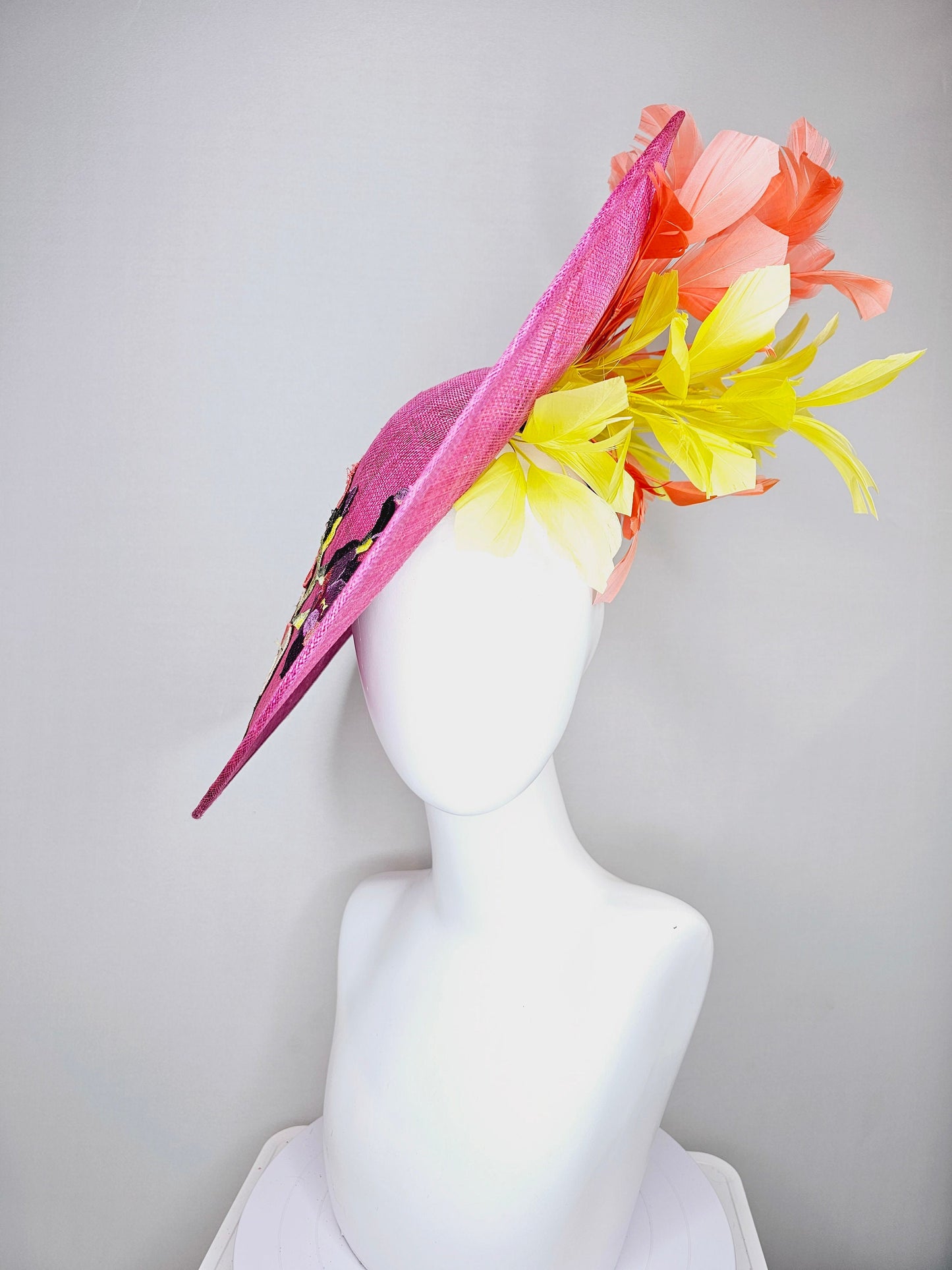 kentucky derby hat fascinator large pink sinamay saucer with yellow coral purple pink ivory embroidered flowers and orange yellow feathers