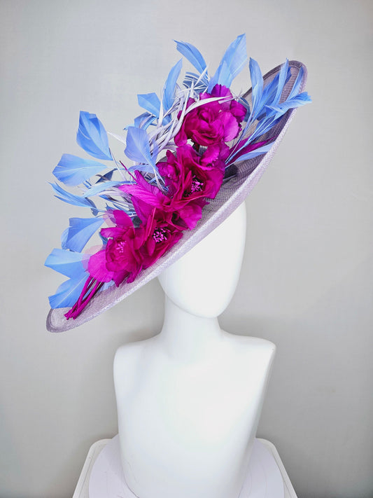 kentucky derby hat large wide brim sinamay lavender purple hat with fuchsia pink organza satin flowers and cornflower blue feathers