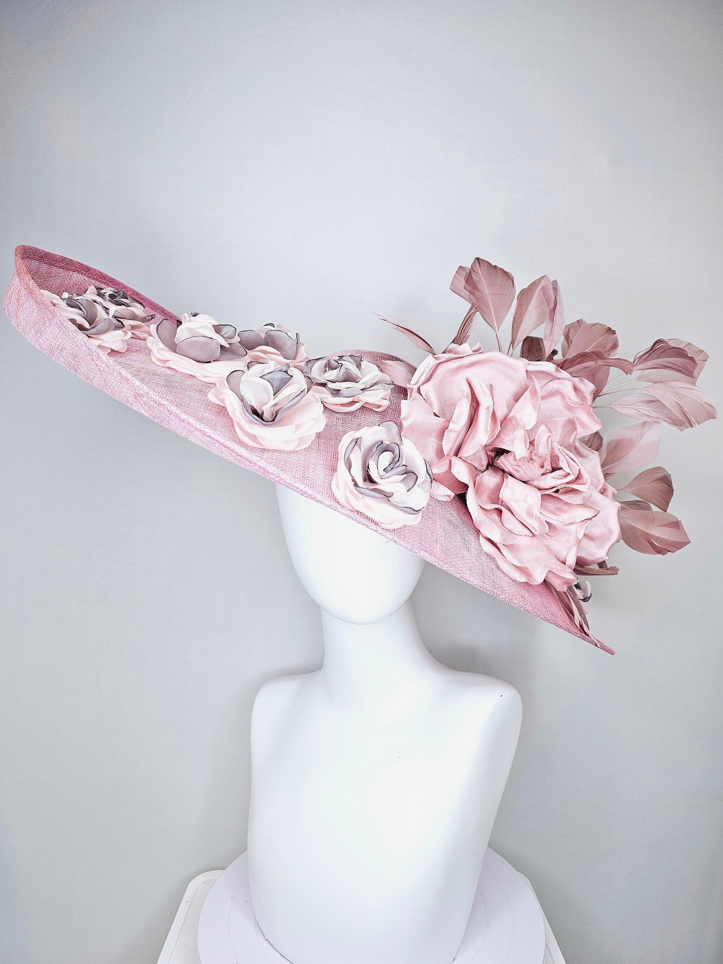 kentucky derby hat large wide brim sinamay pink hat, w blush pink silk flower,dusty pink feathers,pink gray embroidered organza flowers