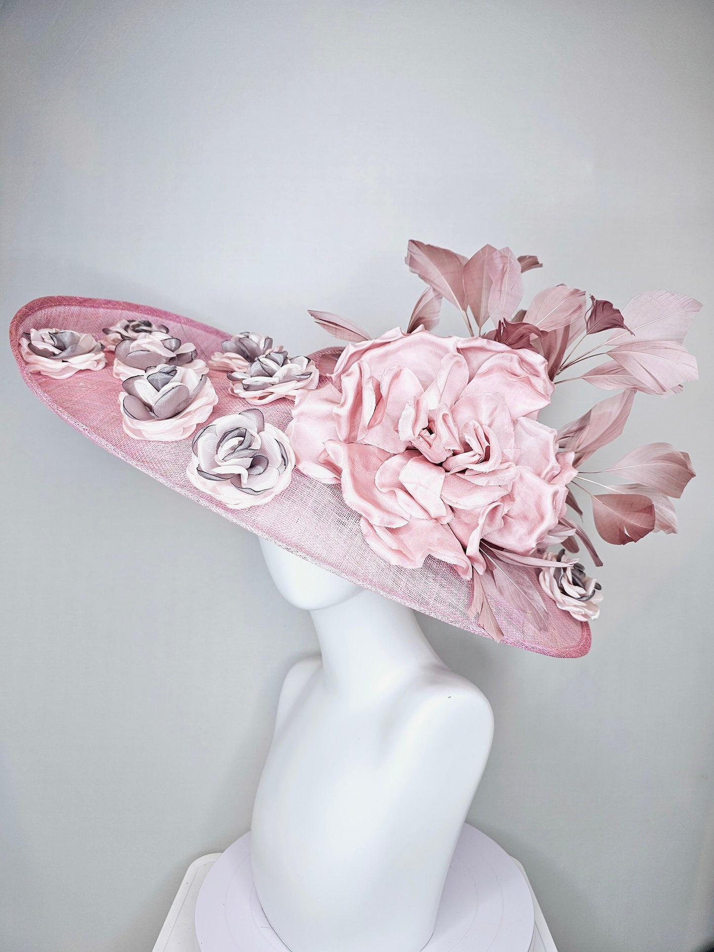 kentucky derby hat large wide brim sinamay pink hat, w blush pink silk flower,dusty pink feathers,pink gray embroidered organza flowers