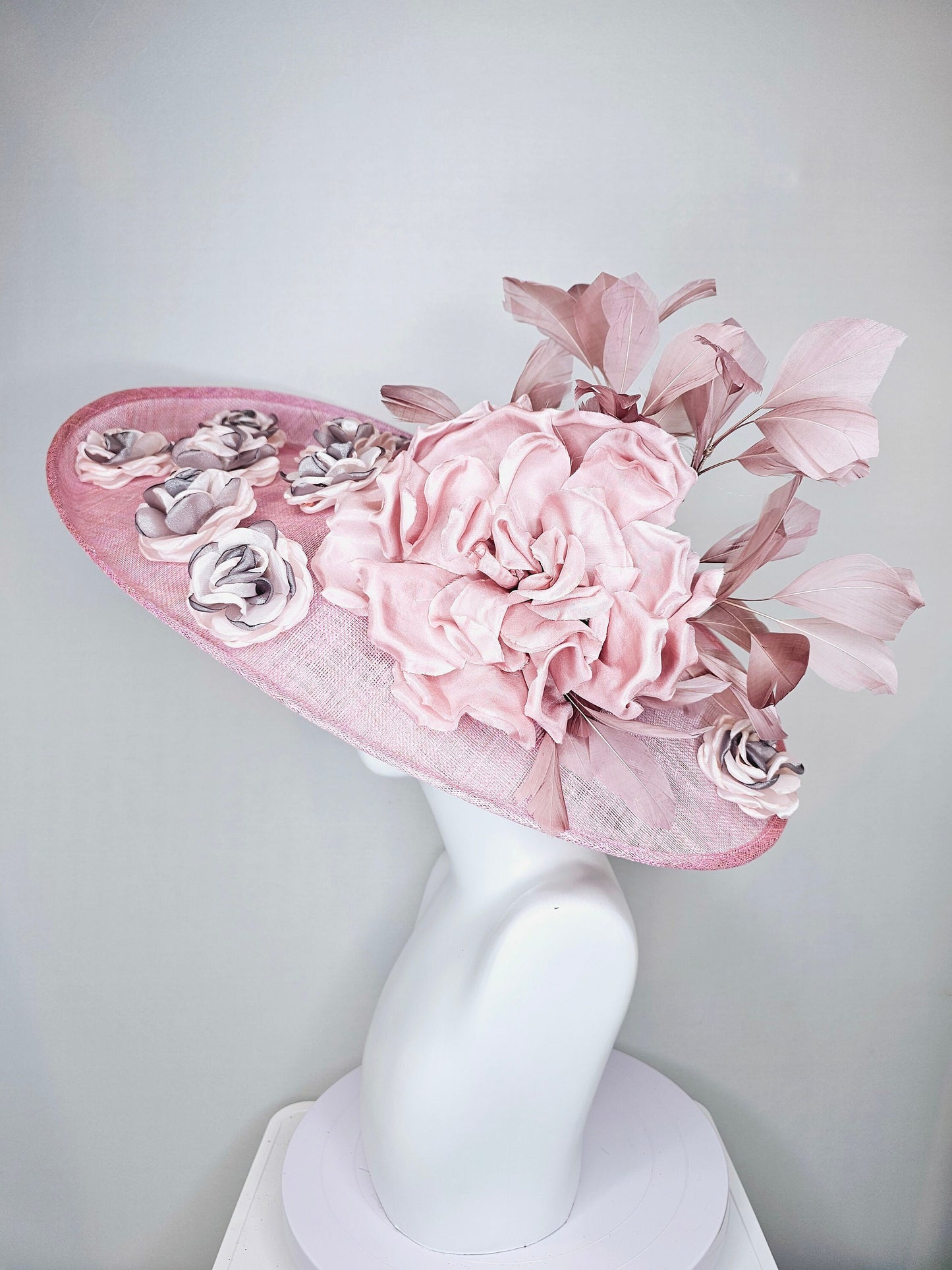 kentucky derby hat large wide brim sinamay pink hat, w blush pink silk flower,dusty pink feathers,pink gray embroidered organza flowers