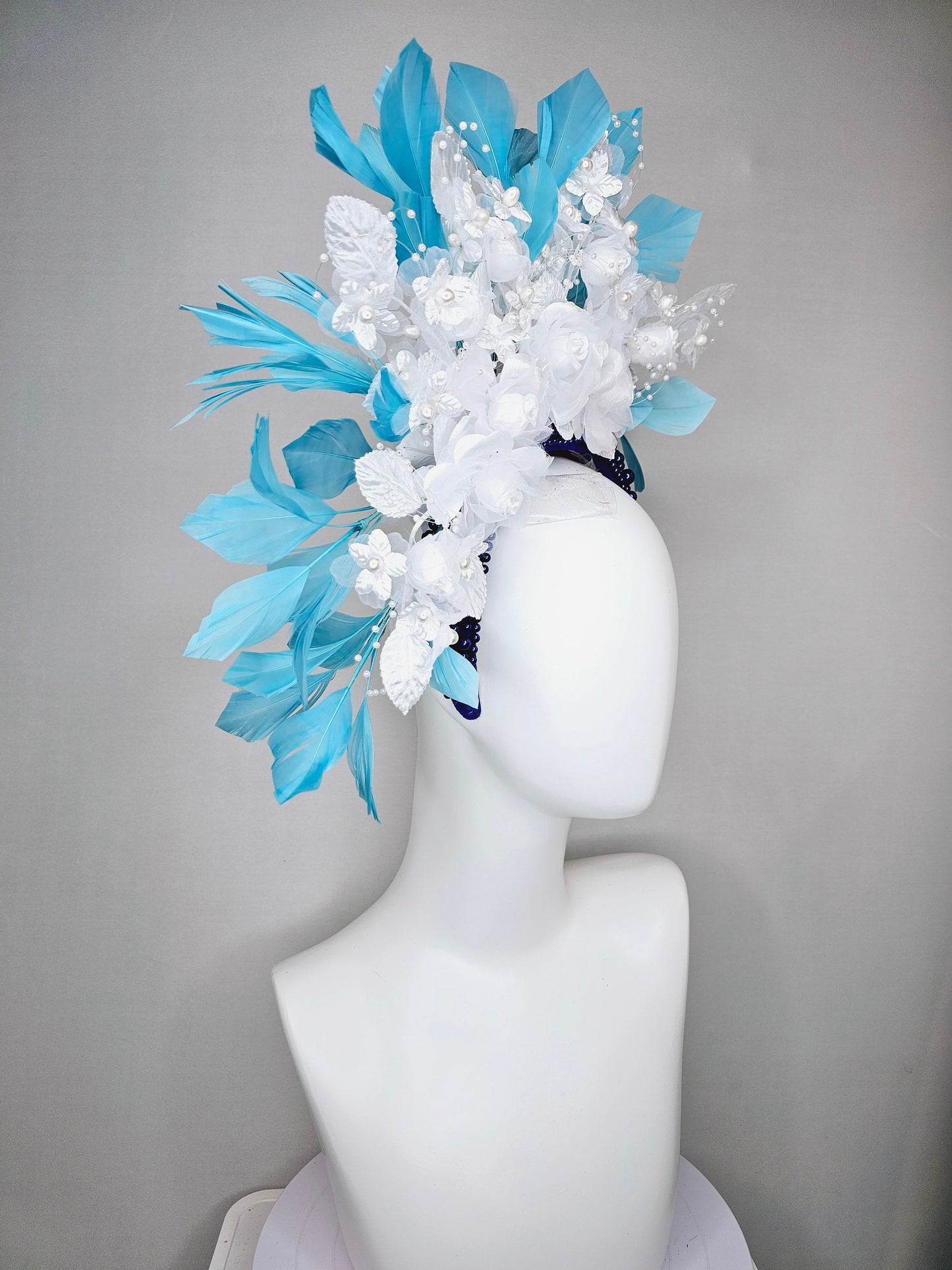 kentucky derby hat fascinator midnight blue pearl beaded headband with sky blue feathers and white organza satin flowers and pearl strings