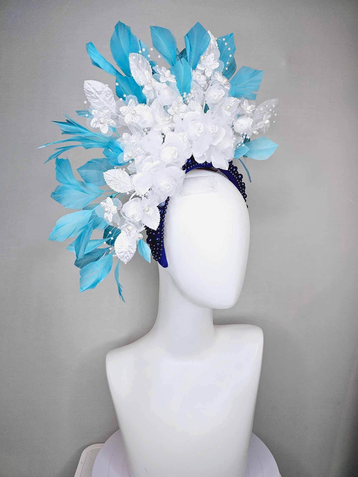 kentucky derby hat fascinator midnight blue pearl beaded headband with sky blue feathers and white organza satin flowers and pearl strings