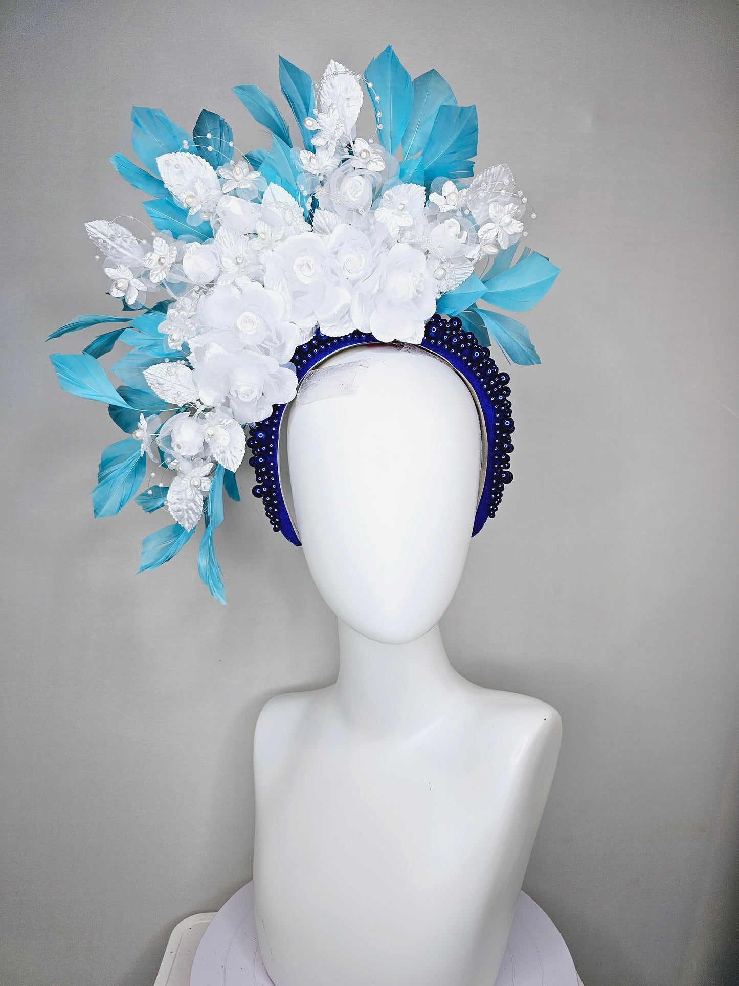 kentucky derby hat fascinator midnight blue pearl beaded headband with sky blue feathers and white organza satin flowers and pearl strings