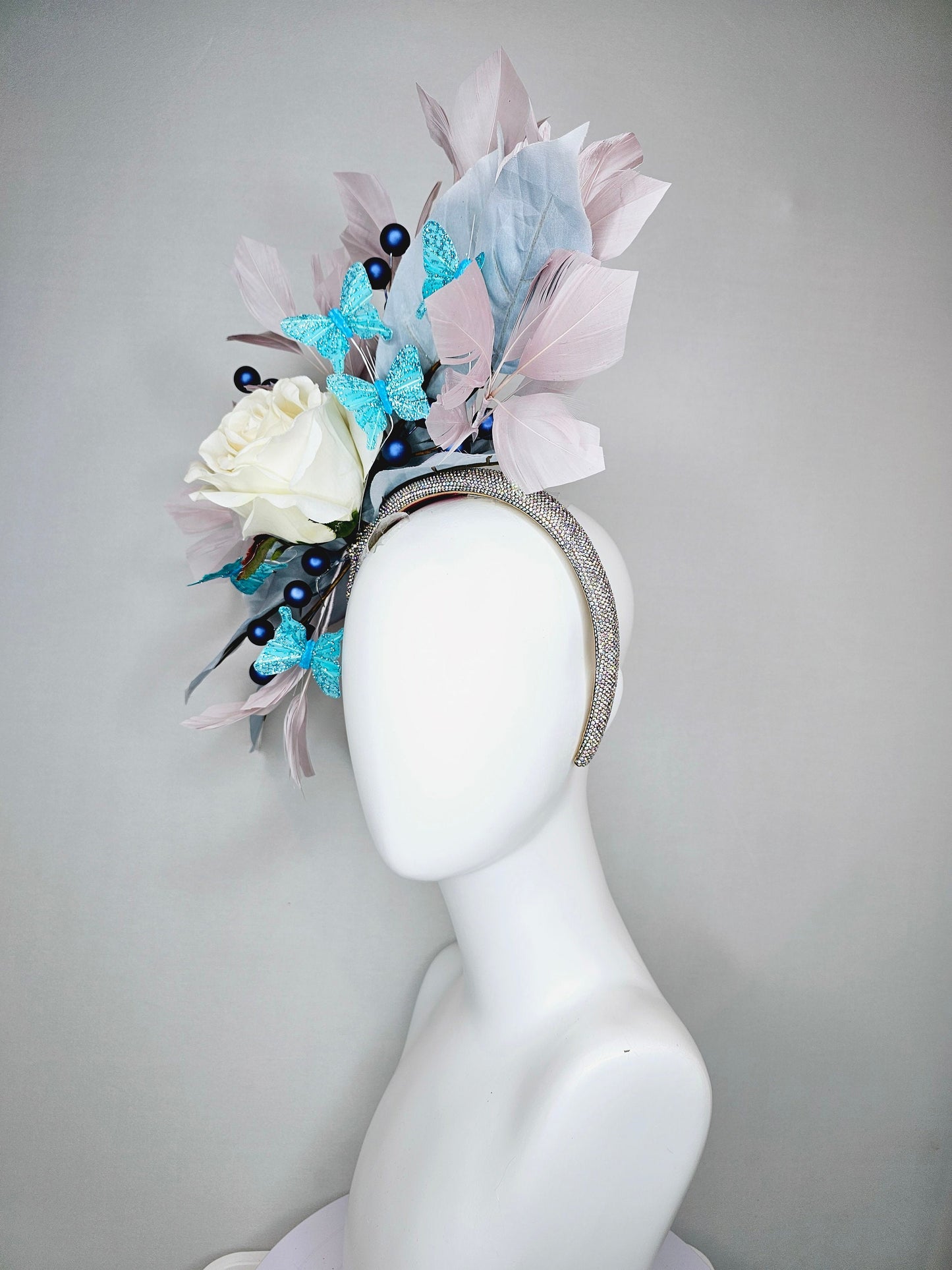 kentucky derby hat fascinator swarovski crystal rhinestone beaded headband,ivory silk rose,aqua blue butterflies,blue leaves, taupe feathers