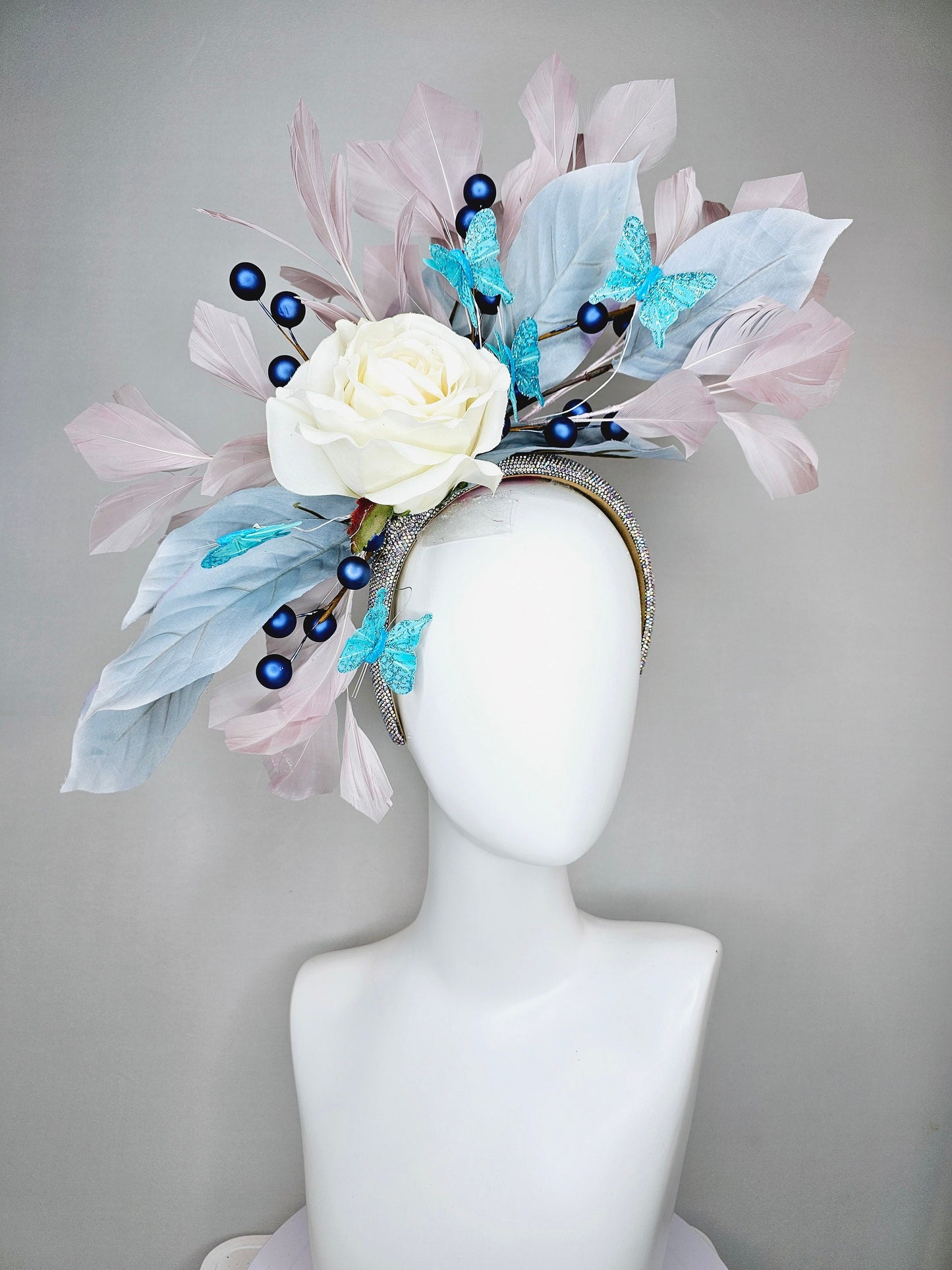 kentucky derby hat fascinator swarovski crystal rhinestone beaded headband,ivory silk rose,aqua blue butterflies,blue leaves, taupe feathers