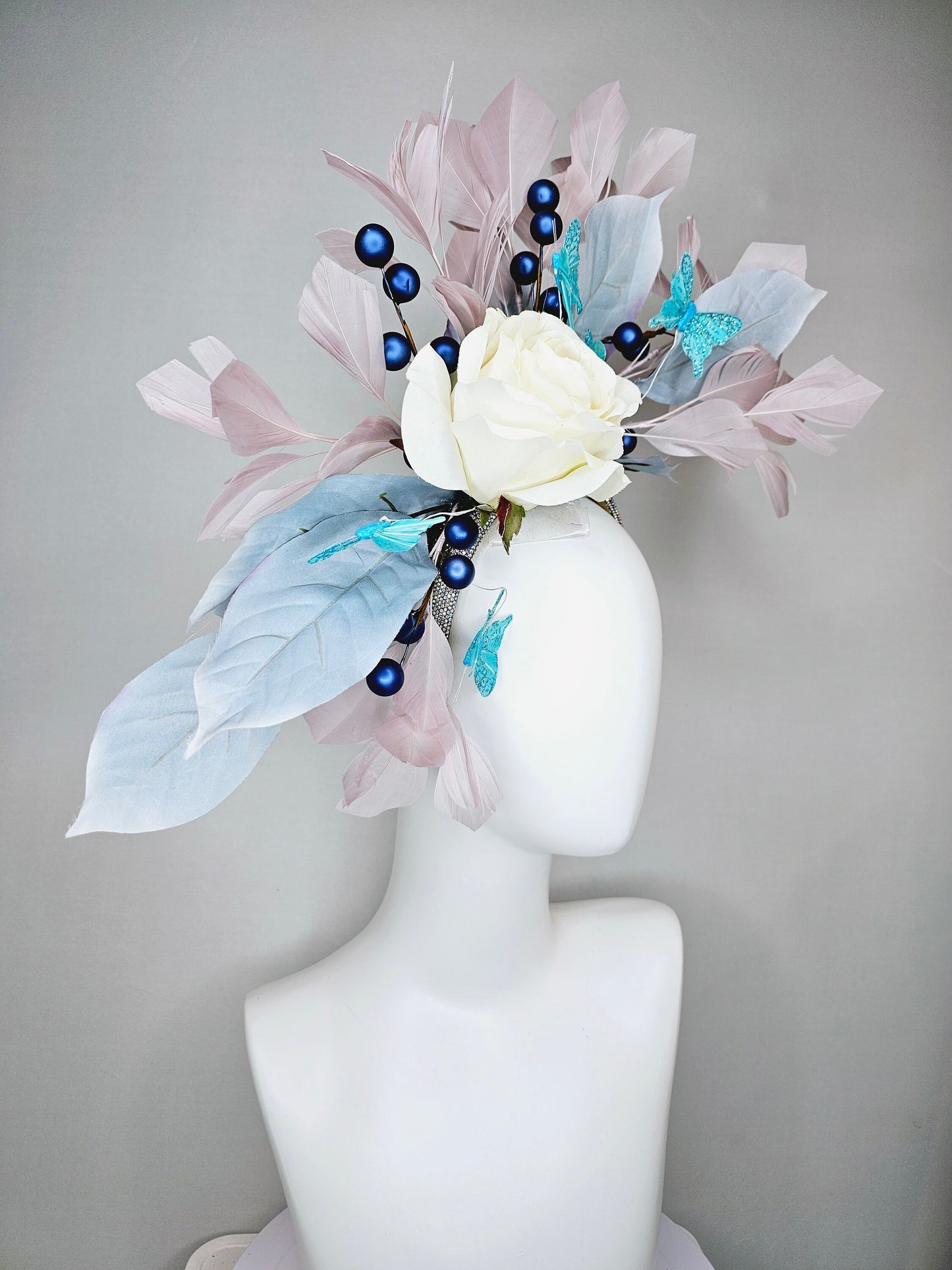 kentucky derby hat fascinator swarovski crystal rhinestone beaded headband,ivory silk rose,aqua blue butterflies,blue leaves, taupe feathers