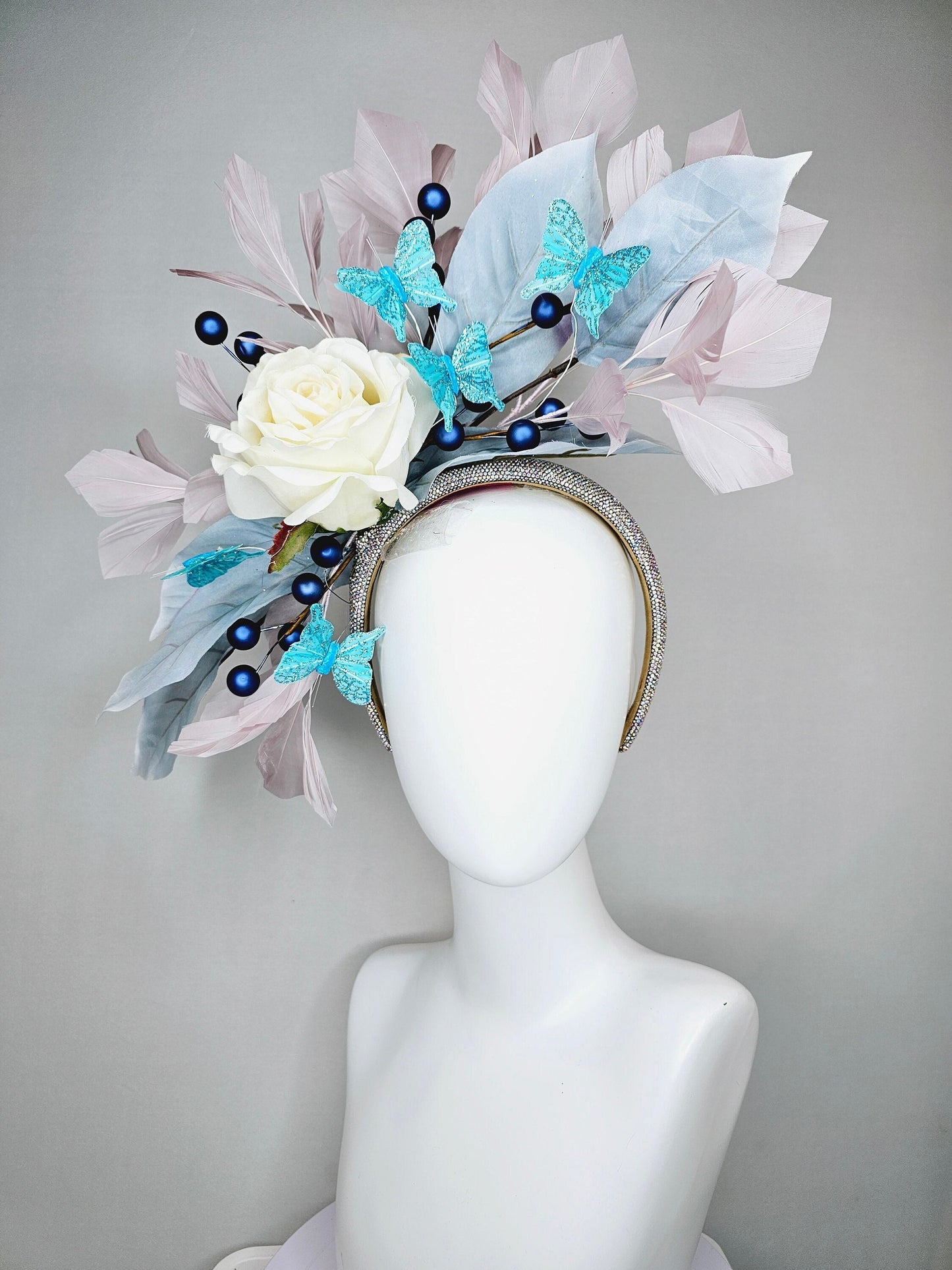 kentucky derby hat fascinator swarovski crystal rhinestone beaded headband,ivory silk rose,aqua blue butterflies,blue leaves, taupe feathers